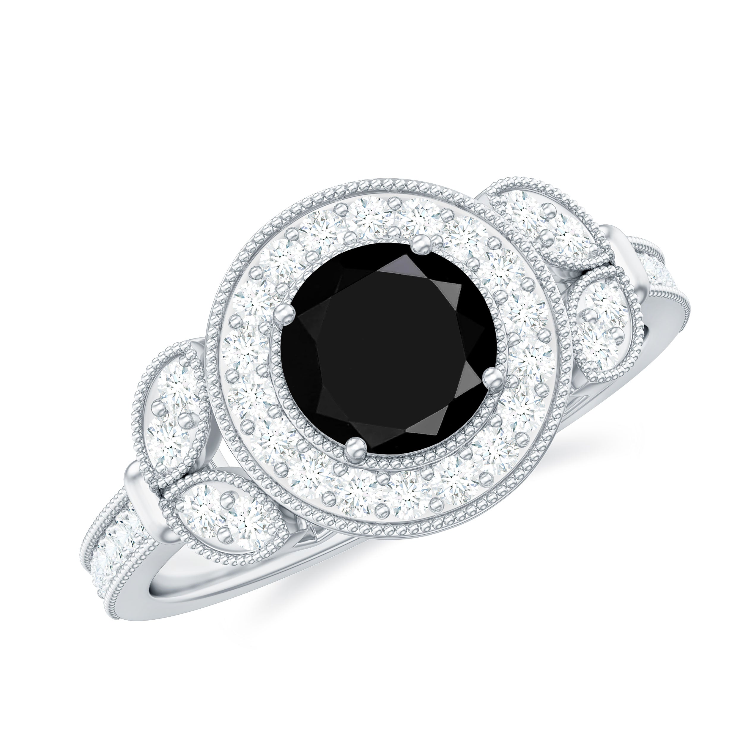 8mm Round Black Onyx Vintage Engagement Ring with Diamond Halo AAA - Rosec Jewels