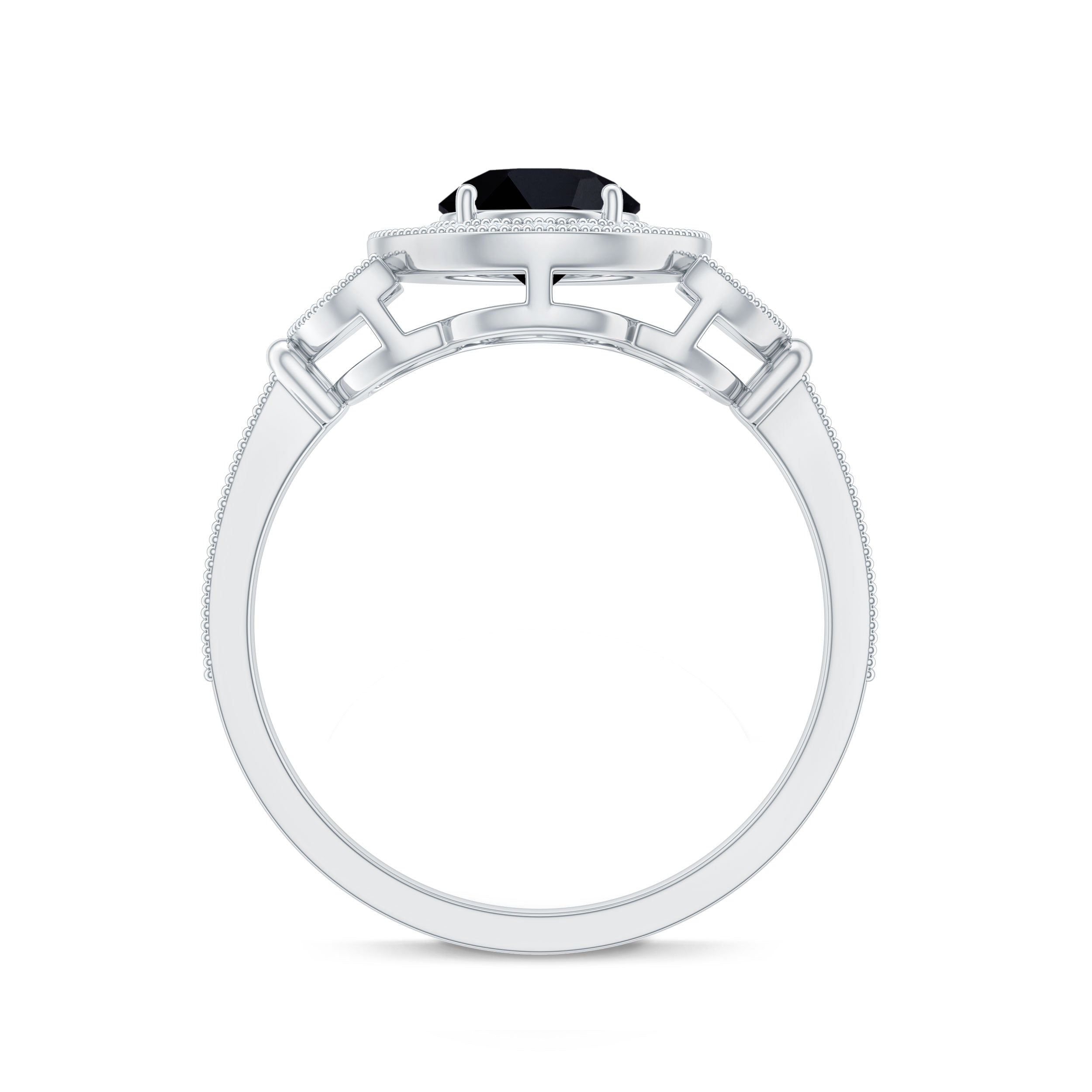 8mm Round Black Onyx Vintage Engagement Ring with Diamond Halo AAA - Rosec Jewels