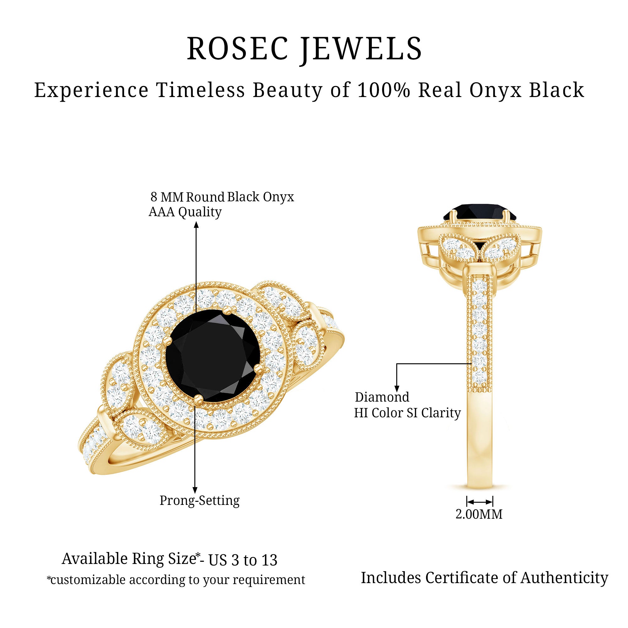 8mm Round Black Onyx Vintage Engagement Ring with Diamond Halo AAA - Rosec Jewels