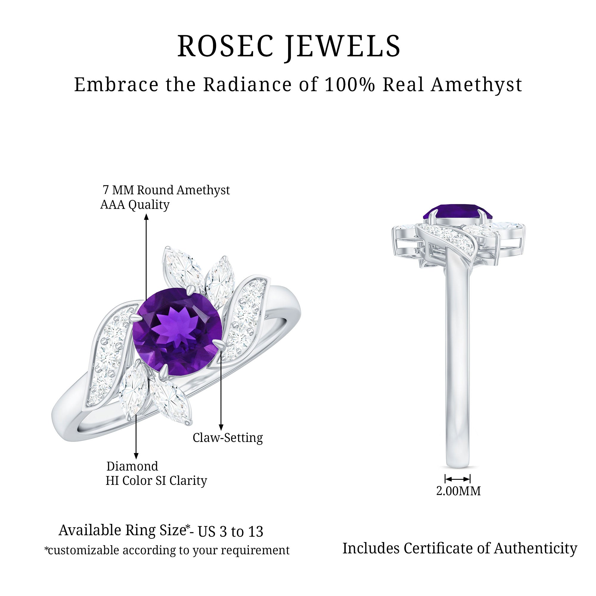 Nature Inspired 1 Carat Amethyst Engagement Ring with Diamond AAA - Rosec Jewels
