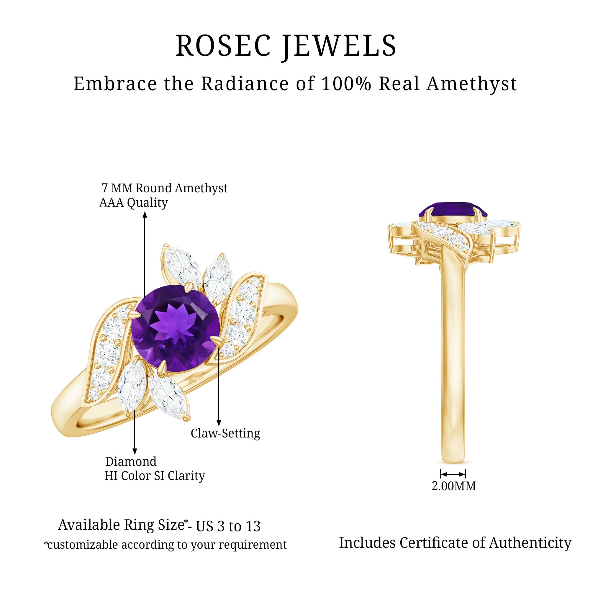 Nature Inspired 1 Carat Amethyst Engagement Ring with Diamond AAA - Rosec Jewels