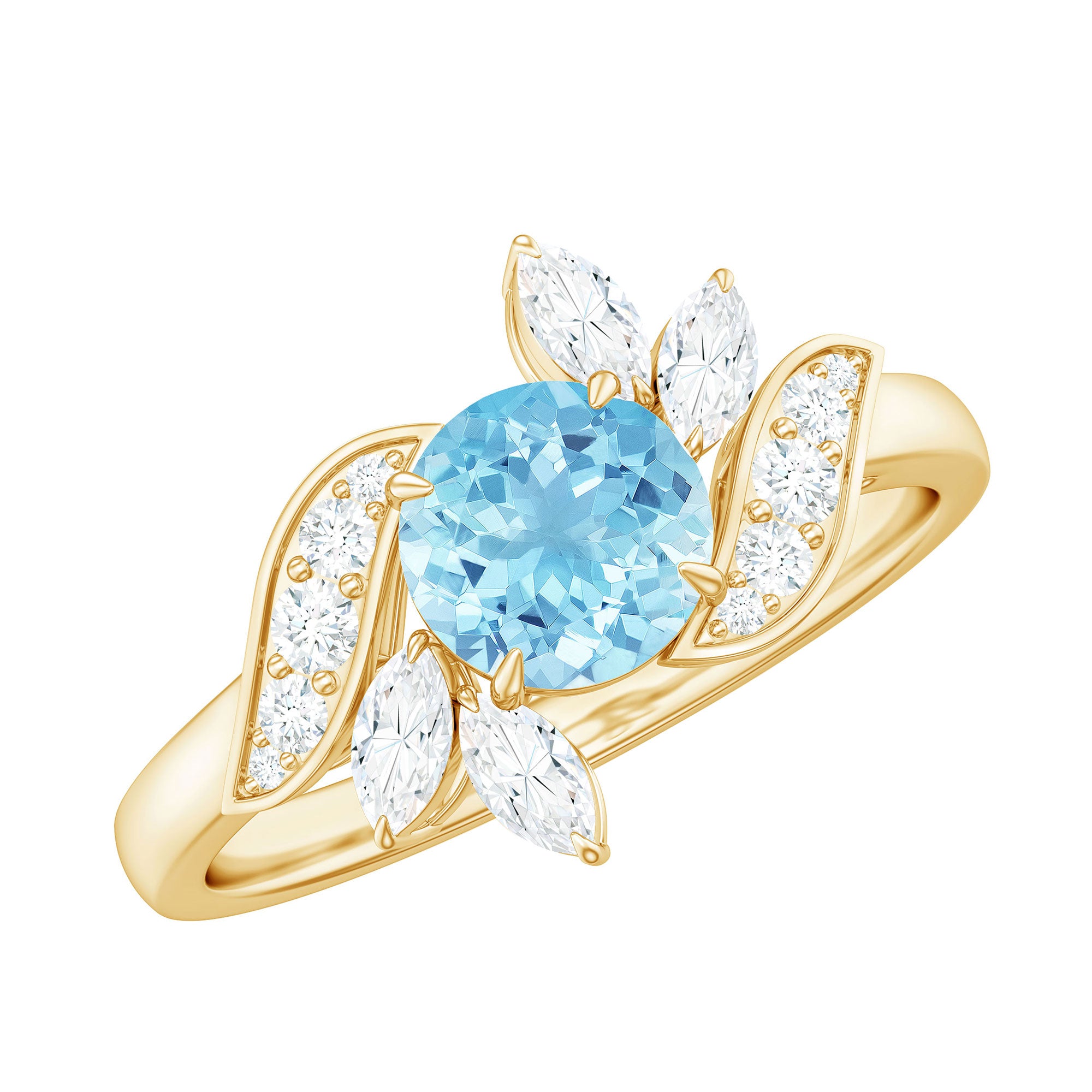 Rosec Jewels-Genuine 0.8 Carat Aquamarine and Diamond Flower Engagement Ring