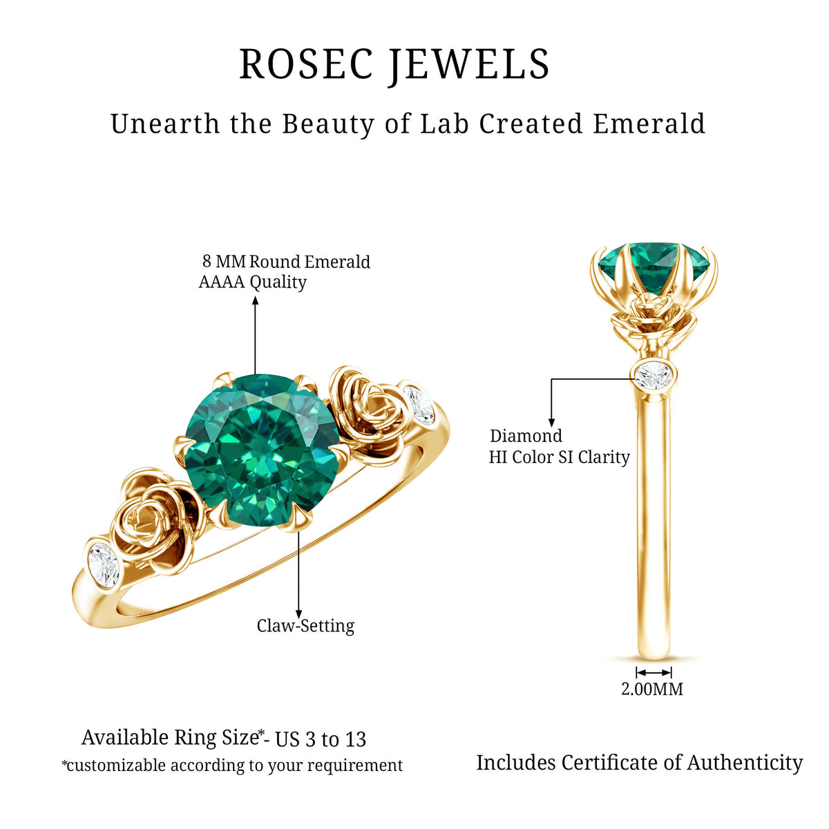 Certified 2 Carat Lab Grown Emerald Diamond Engagement Ring with Flower AAAA - Rosec Jewels