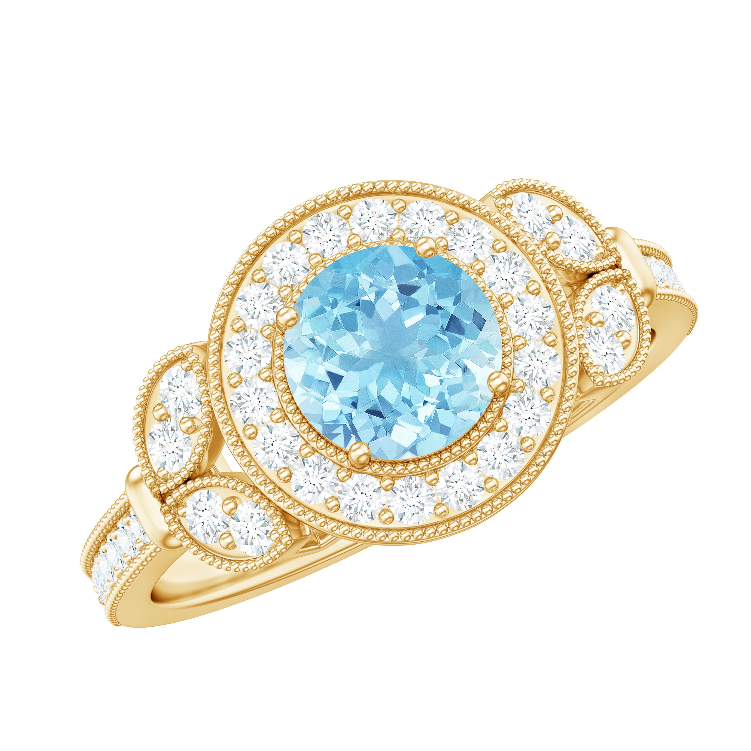 Vintage Inspired Real Aquamarine Engagement Ring with Diamond Halo AAA - Rosec Jewels