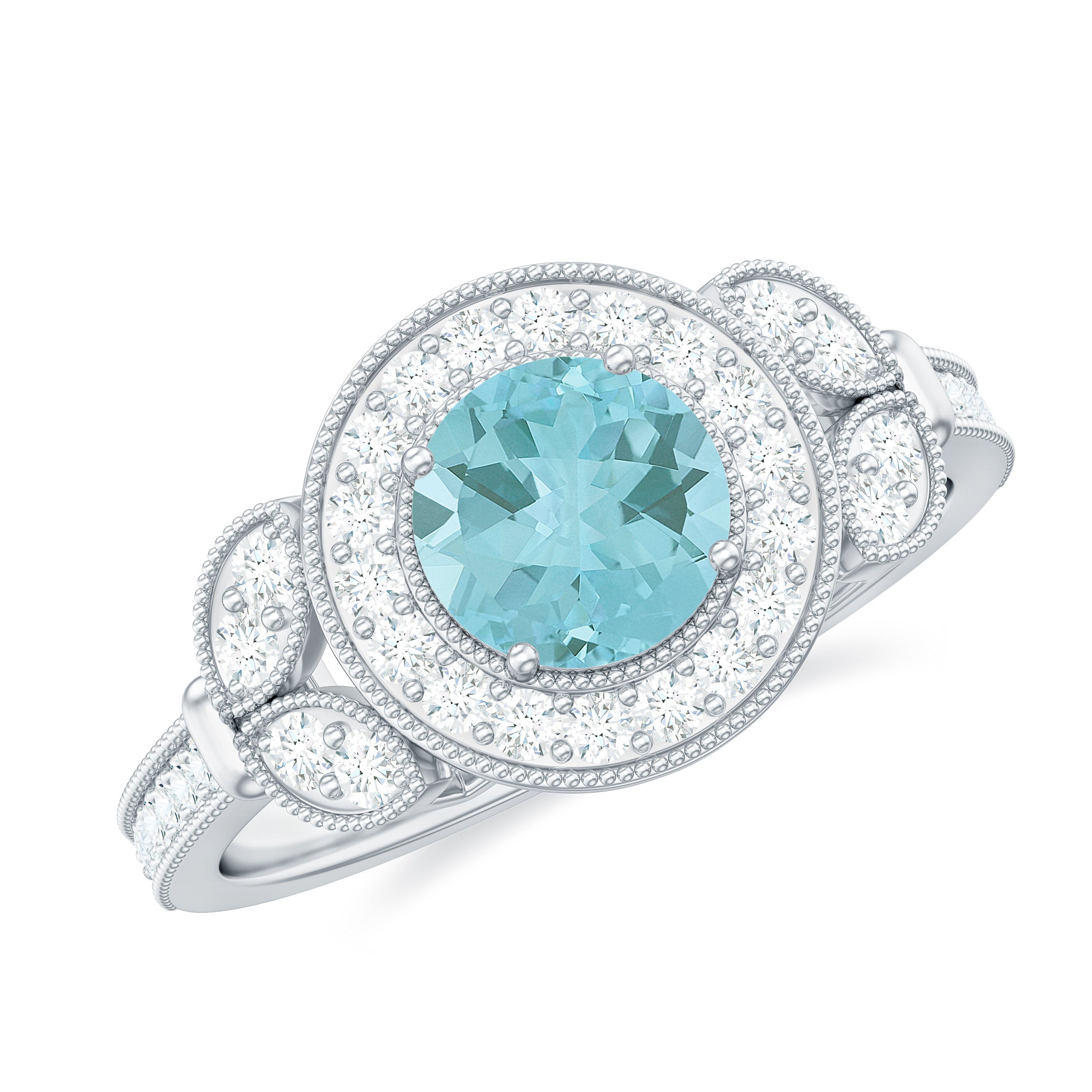 Sky Blue Topaz Vintage Beaded Engagement Ring with Diamond