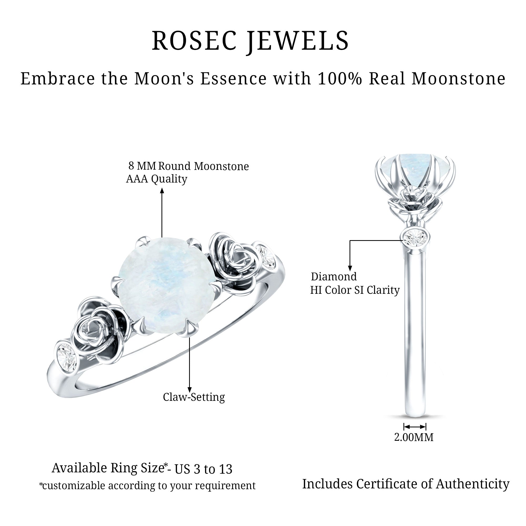 Claw Set Solitaire Moonstone Flower Ring with Diamond AAA - Rosec Jewels