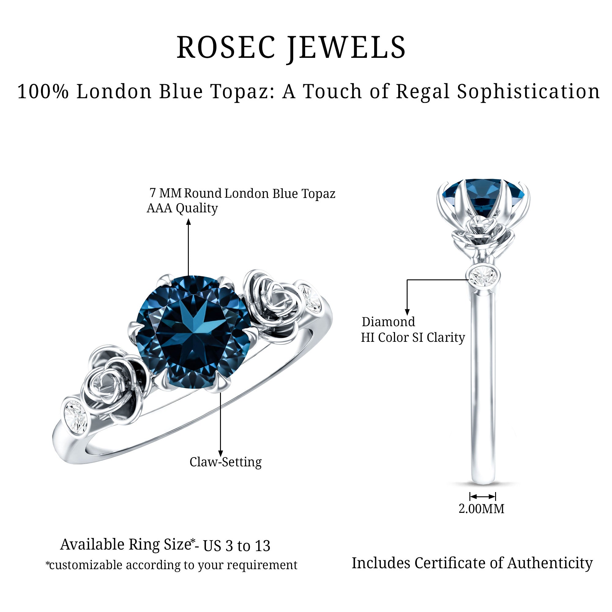 Round London Blue Topaz Rose Engagement Ring with Diamond AAA - Rosec Jewels