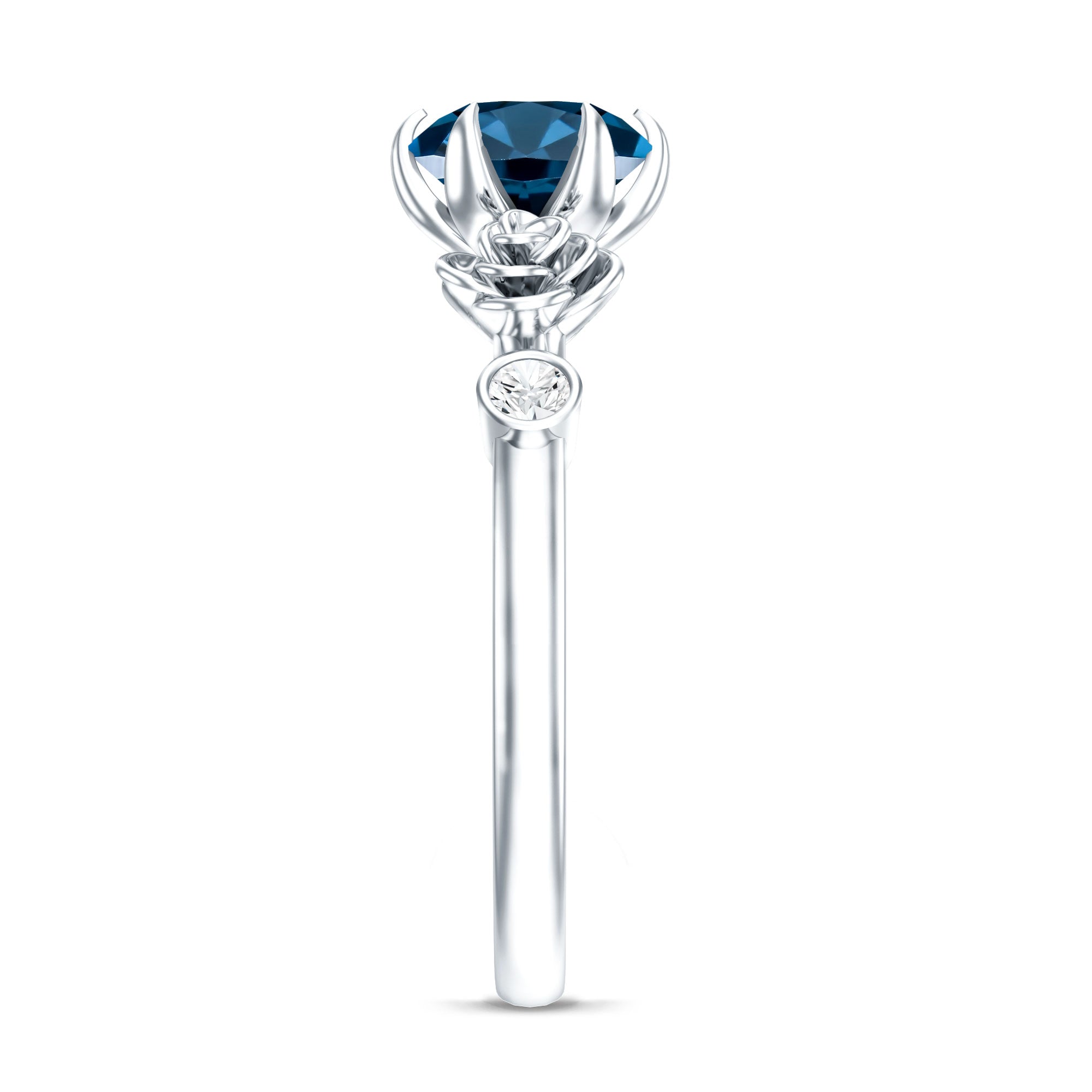 Round London Blue Topaz Rose Engagement Ring with Diamond AAA - Rosec Jewels