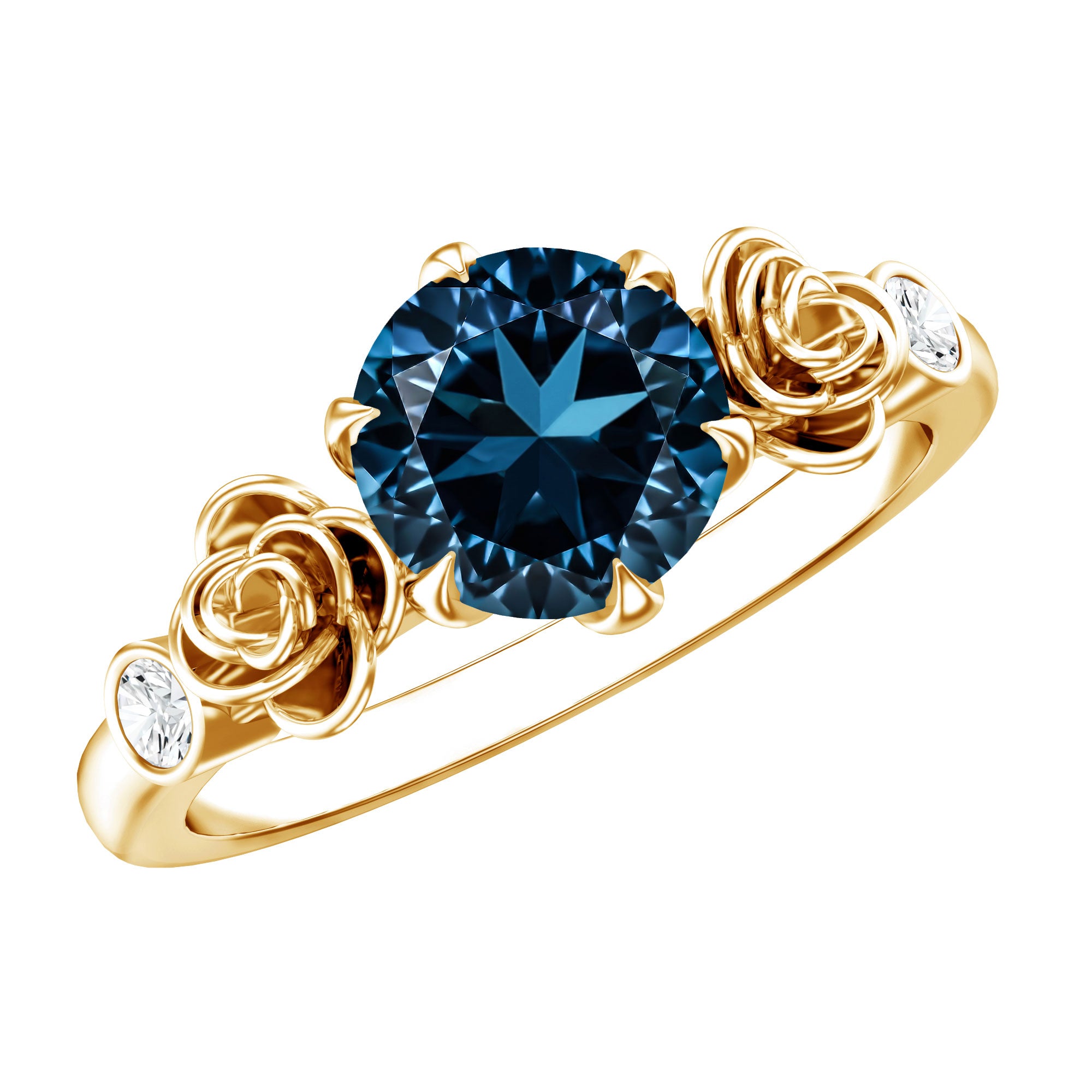 Round London Blue Topaz Rose Engagement Ring with Diamond AAA - Rosec Jewels
