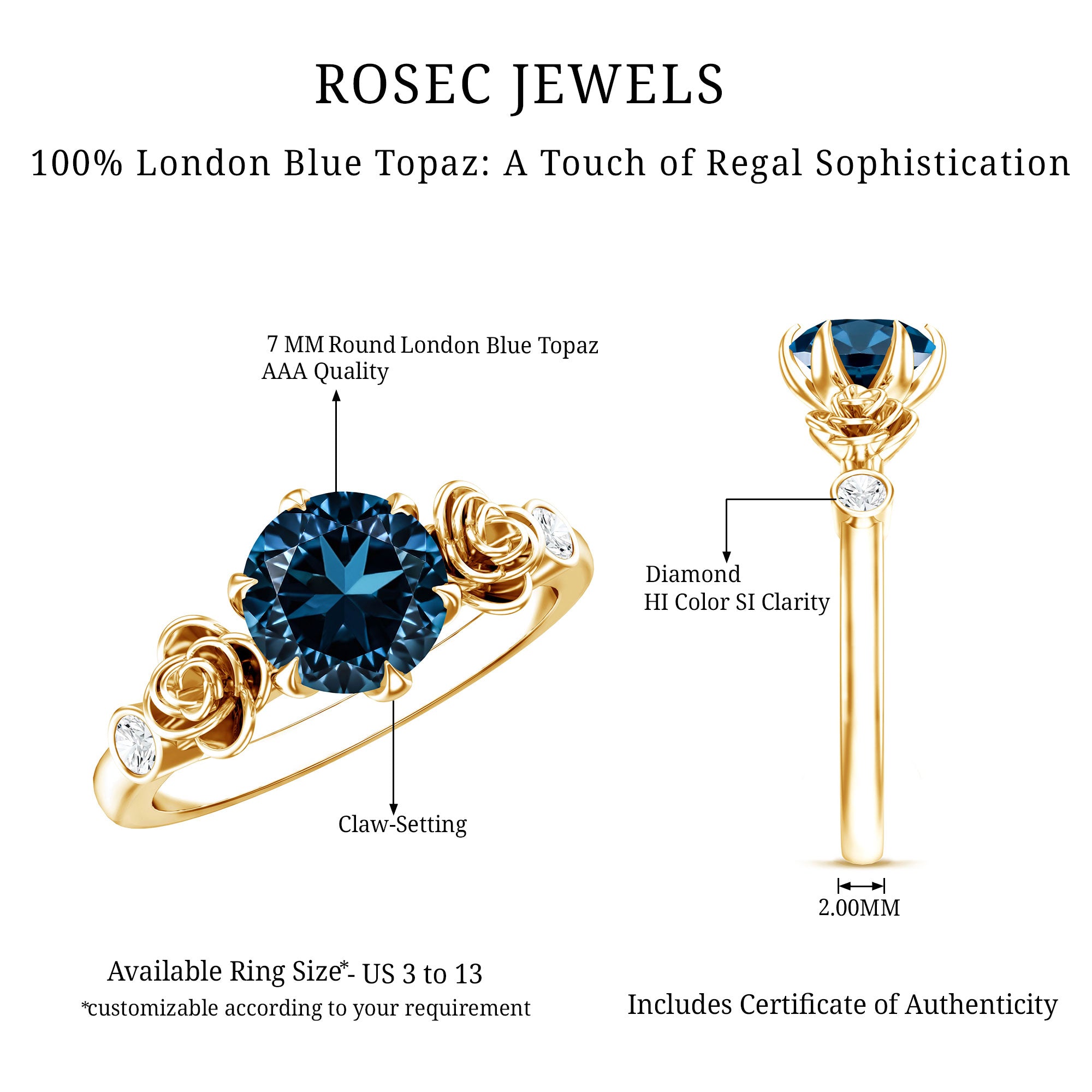 Round London Blue Topaz Rose Engagement Ring with Diamond AAA - Rosec Jewels