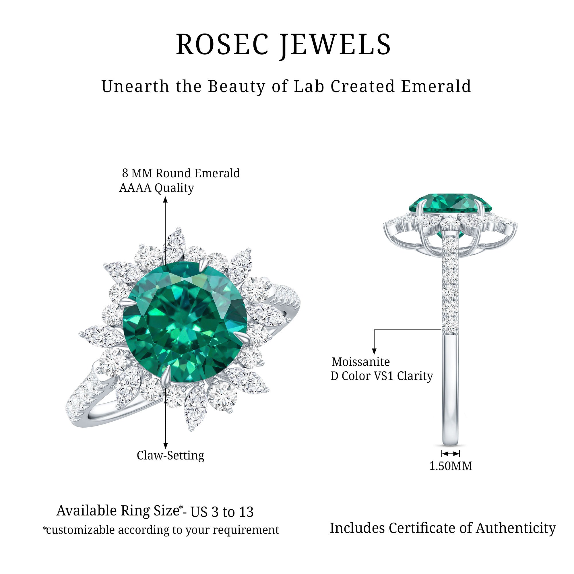 Certified 8 mm Lab Grown Emerald Cocktail Ring with Halo AAAA - Rosec Jewels