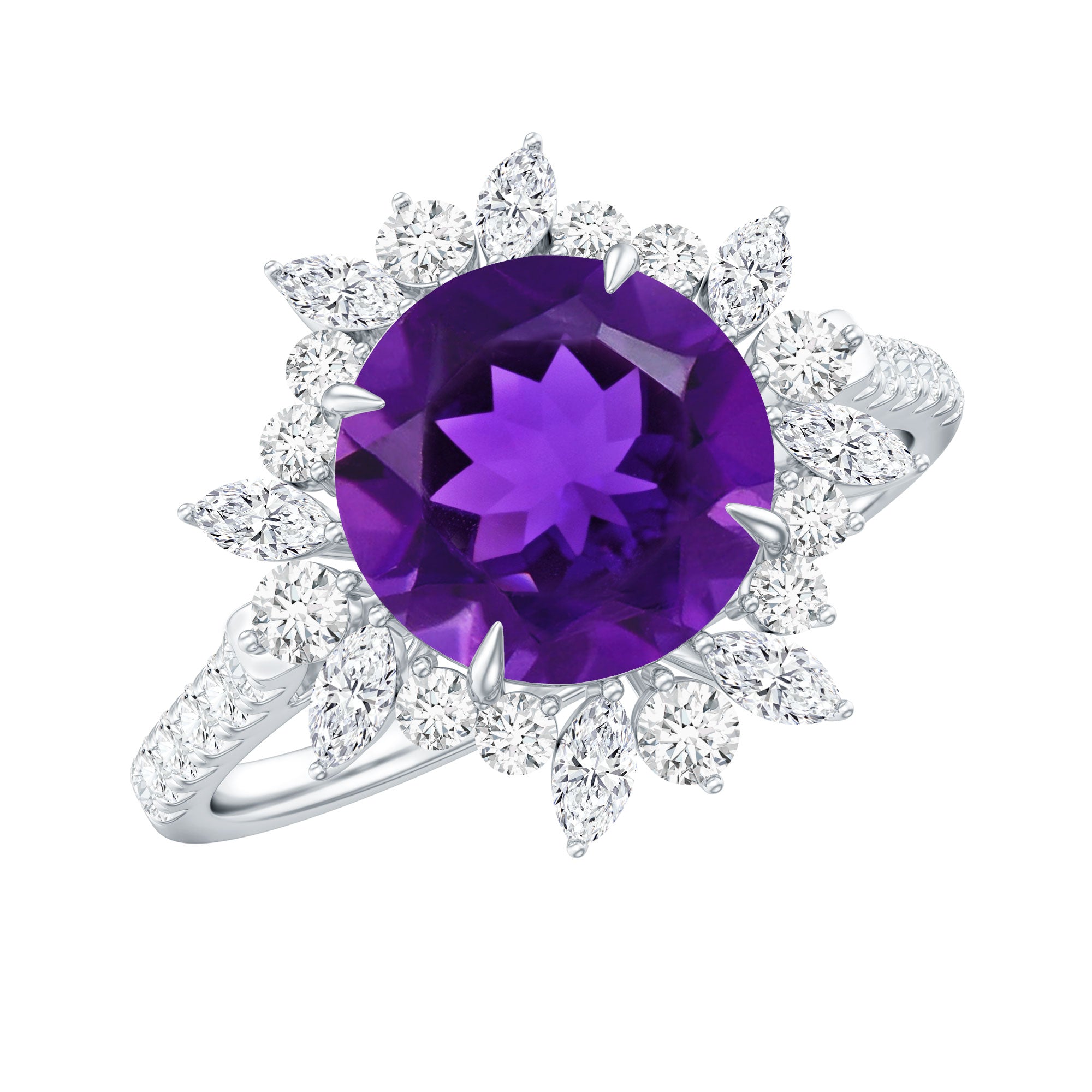 Natural 2 Carat Amethyst Statement Engagement Ring with Moissanite Halo AAA - Rosec Jewels