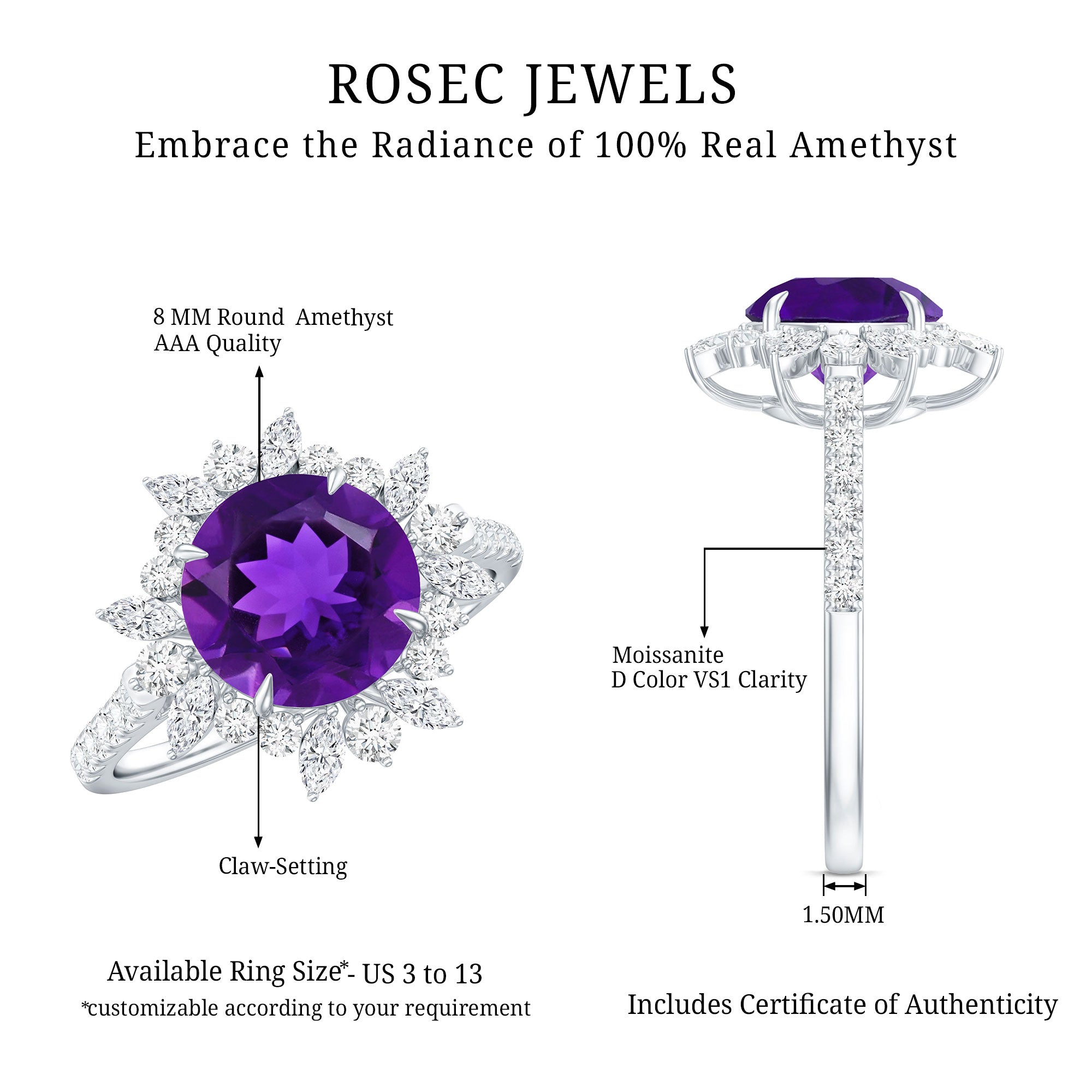 Natural 2 Carat Amethyst Statement Engagement Ring with Moissanite Halo AAA - Rosec Jewels