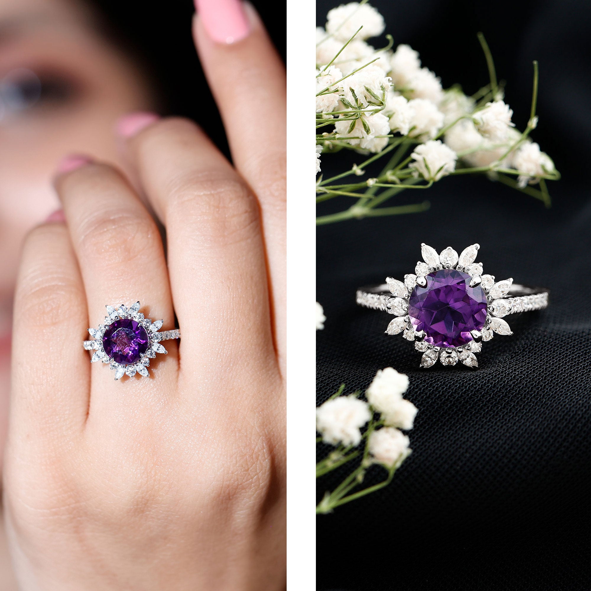 Natural 2 Carat Amethyst Statement Engagement Ring with Moissanite Halo AAA - Rosec Jewels