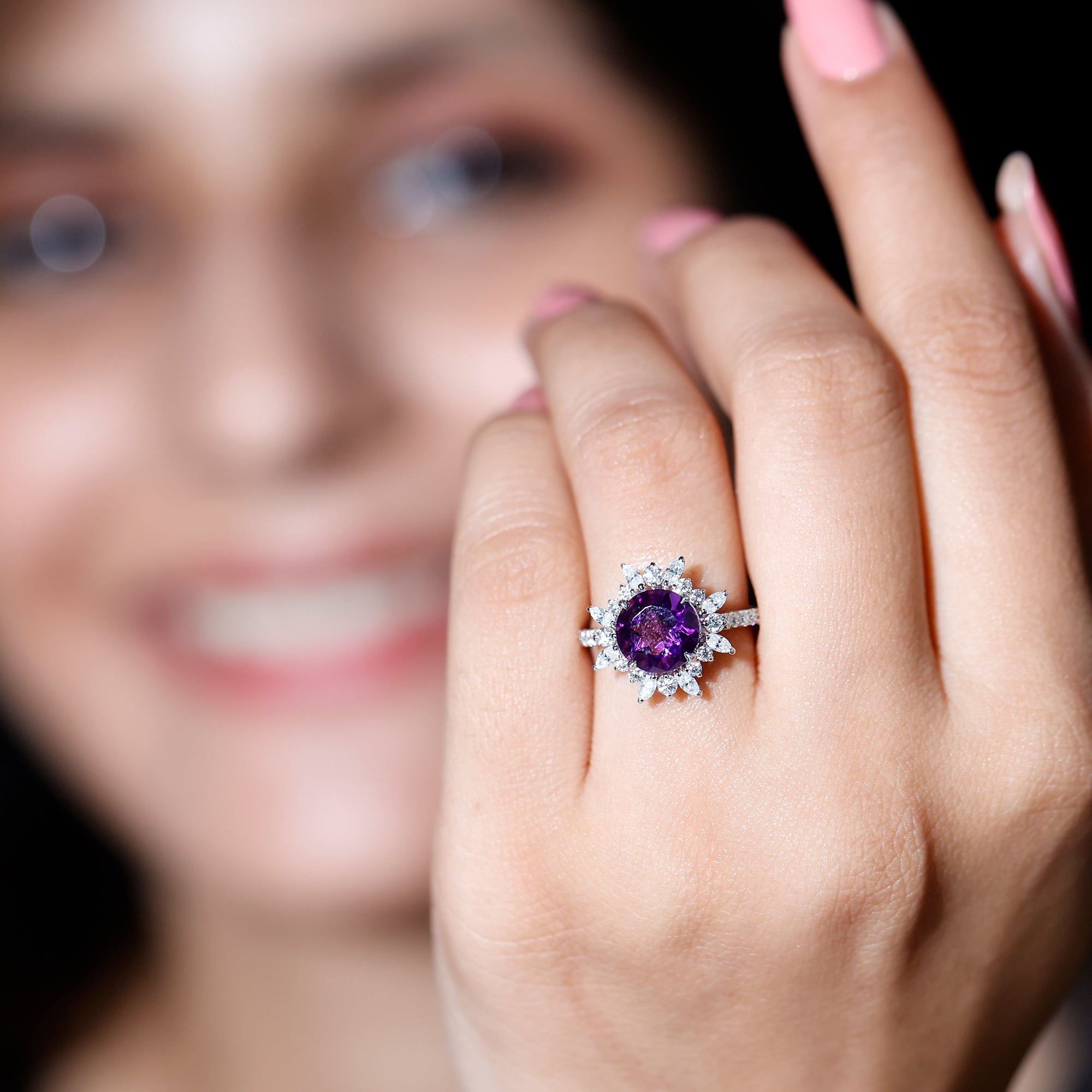 Natural 2 Carat Amethyst Statement Engagement Ring with Moissanite Halo AAA - Rosec Jewels