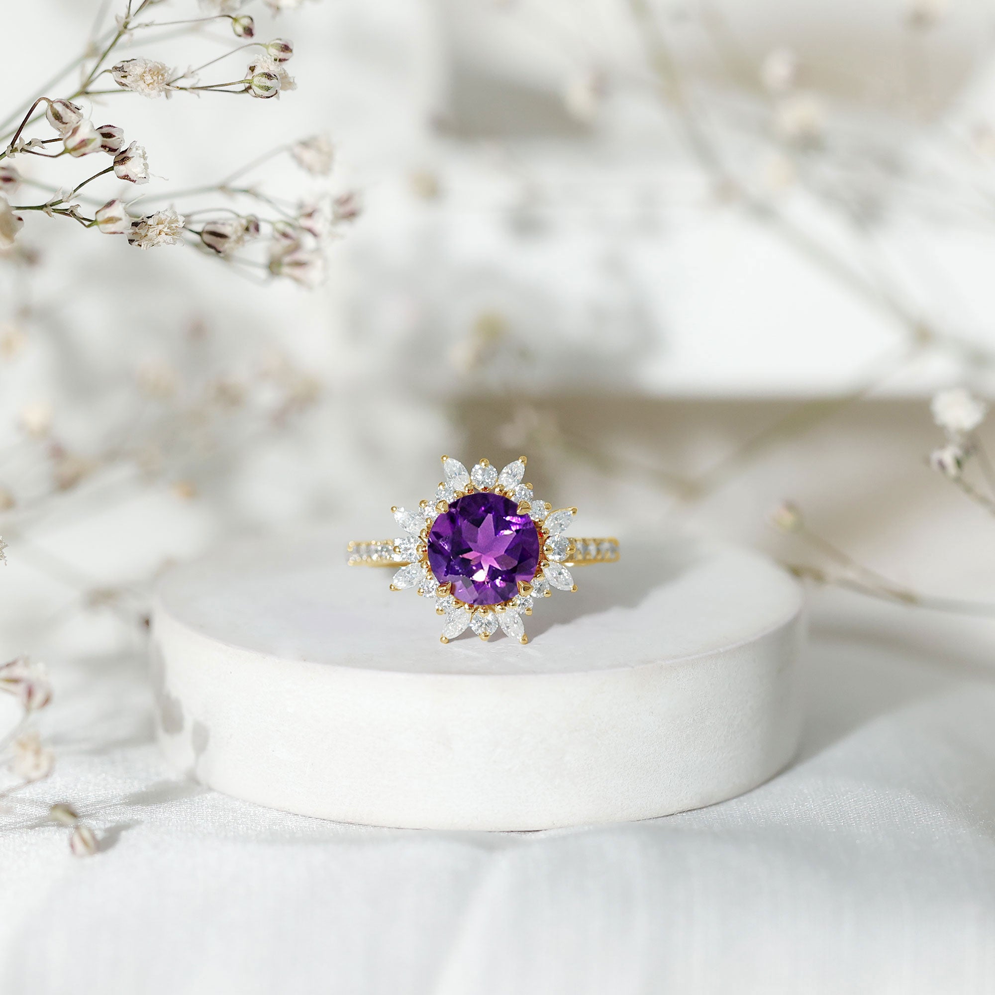 Natural 2 Carat Amethyst Statement Engagement Ring with Moissanite Halo AAA - Rosec Jewels