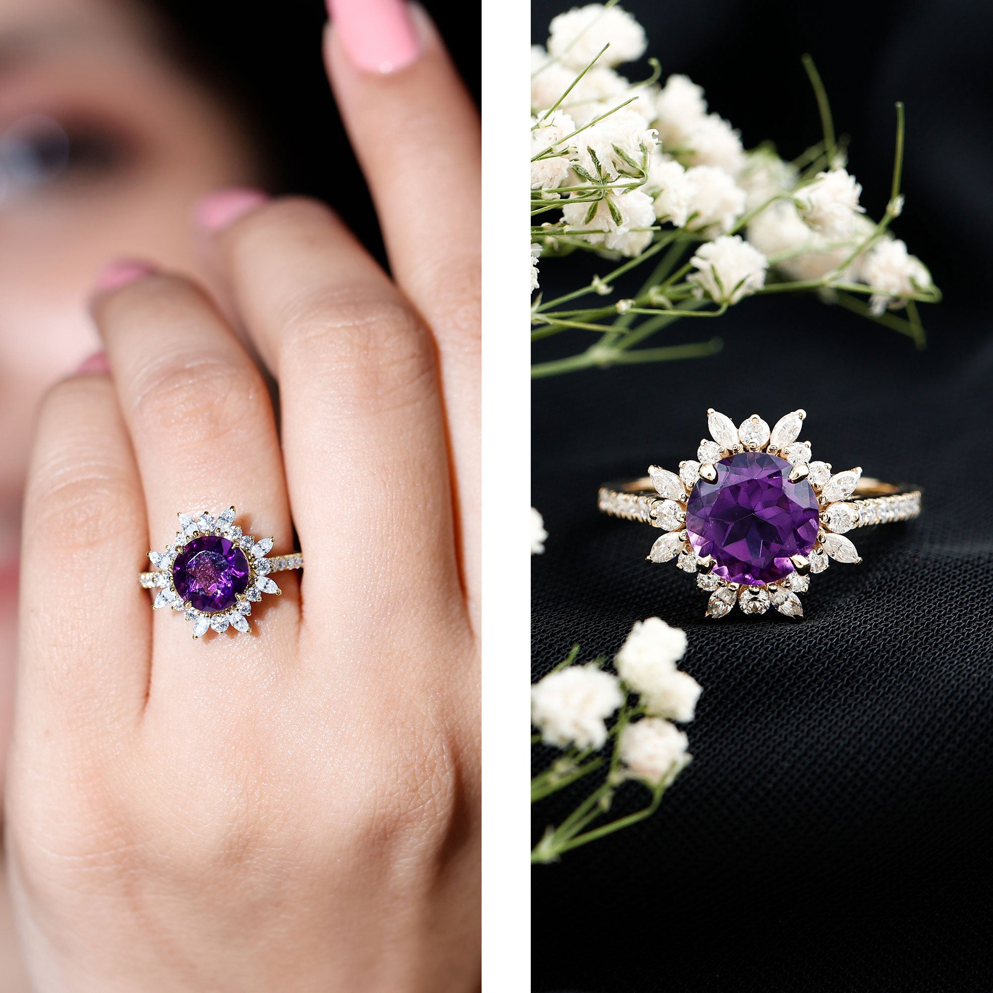Natural 2 Carat Amethyst Statement Engagement Ring with Moissanite Halo AAA - Rosec Jewels