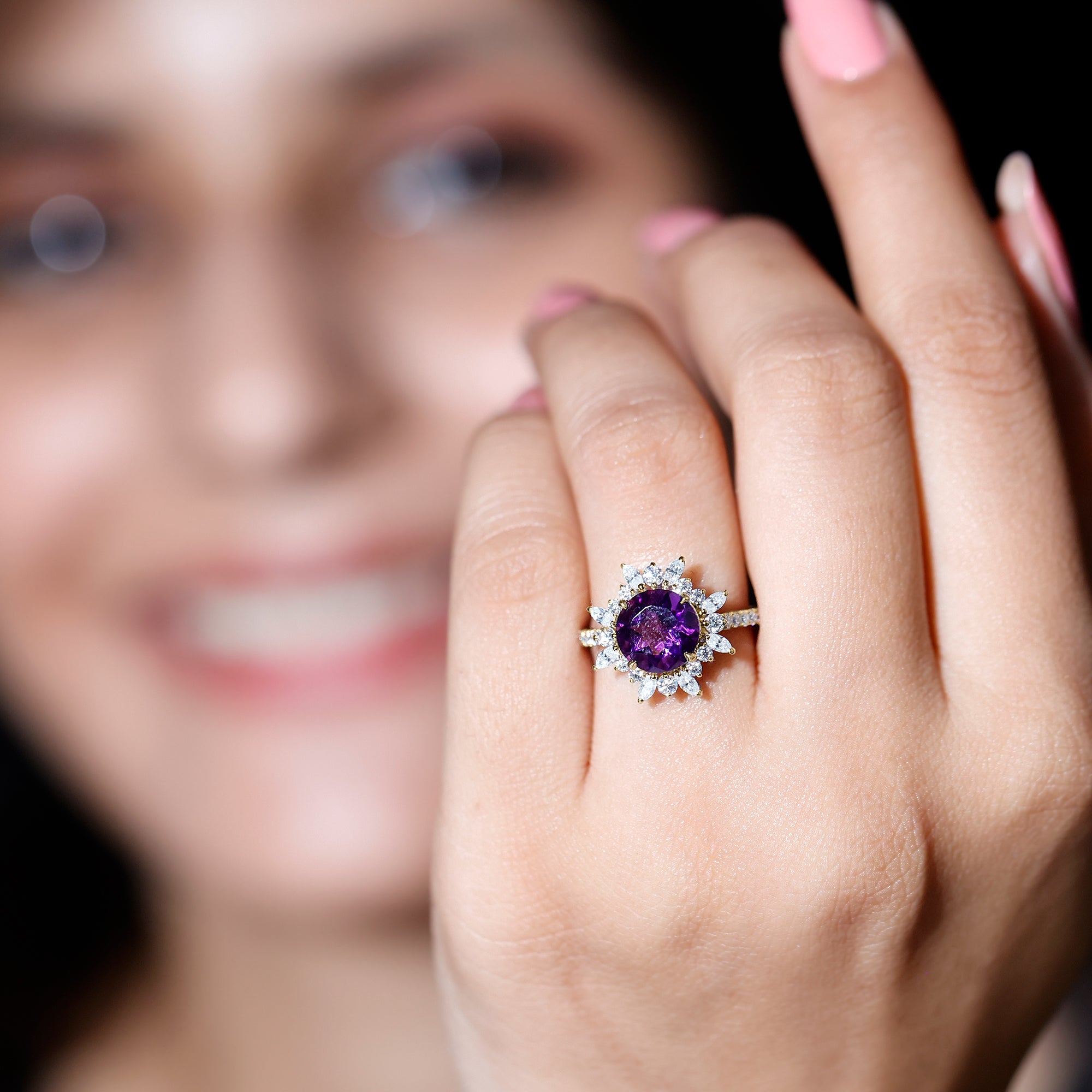 Natural 2 Carat Amethyst Statement Engagement Ring with Moissanite Halo AAA - Rosec Jewels