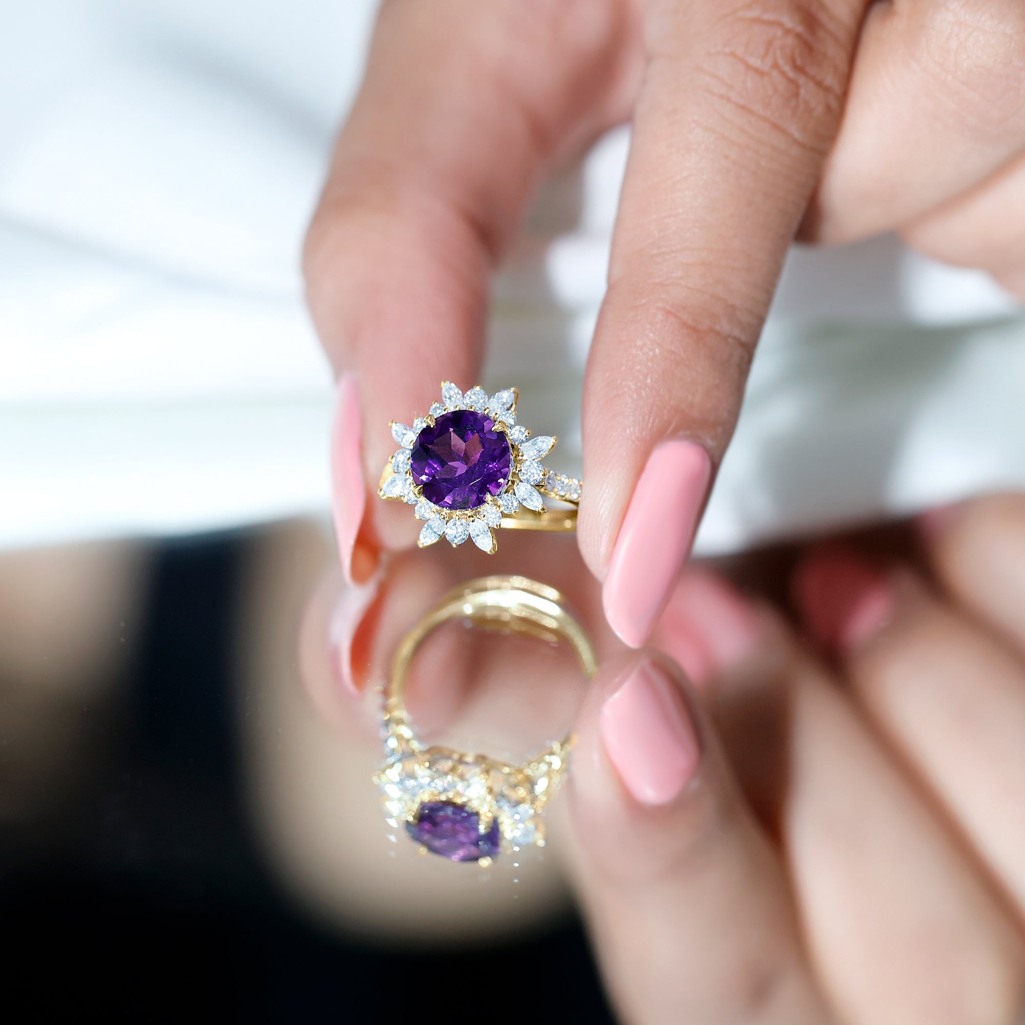 Natural 2 Carat Amethyst Statement Engagement Ring with Moissanite Halo AAA - Rosec Jewels