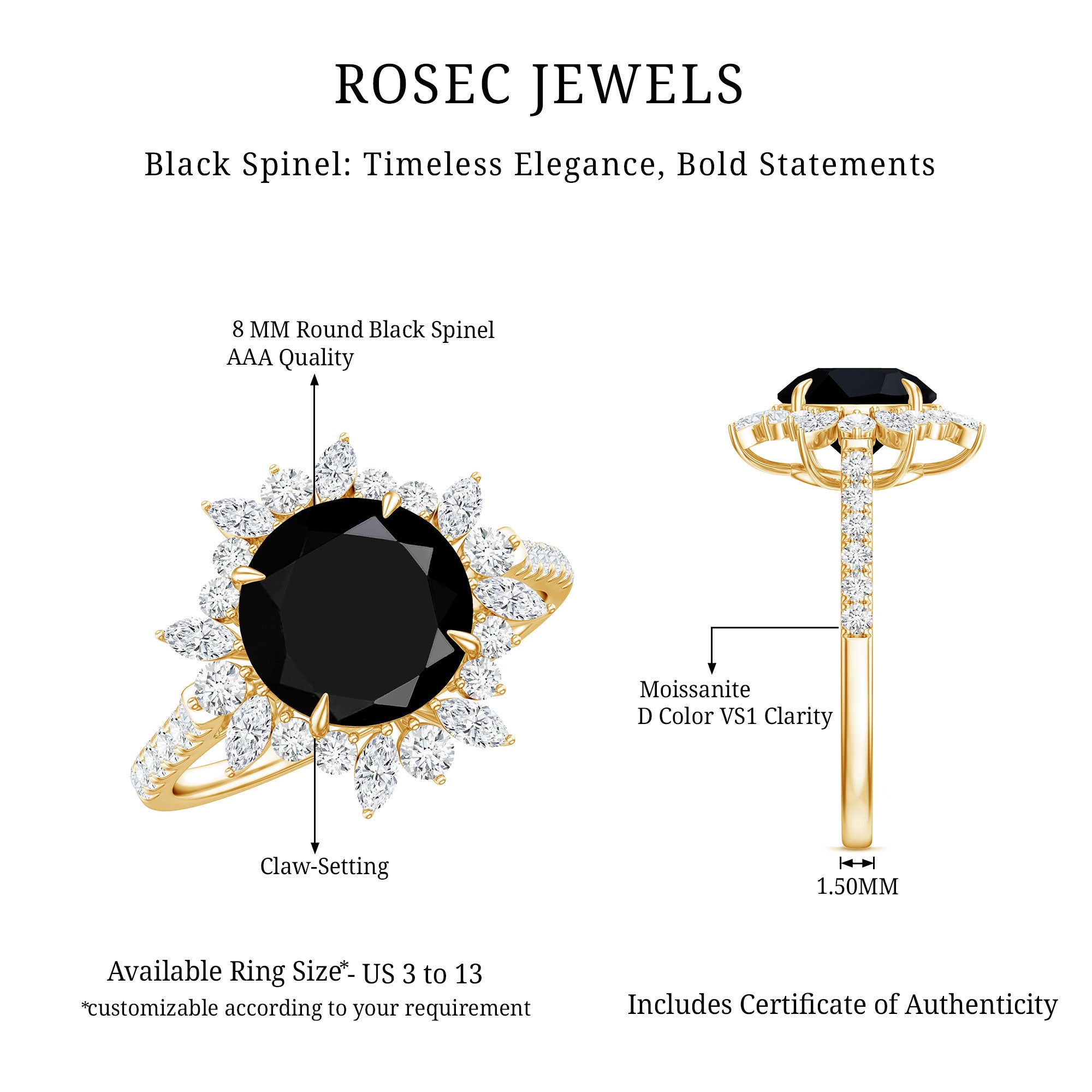 Real Black Spinel Engagement Ring with Moissanite Halo AAA - Rosec Jewels