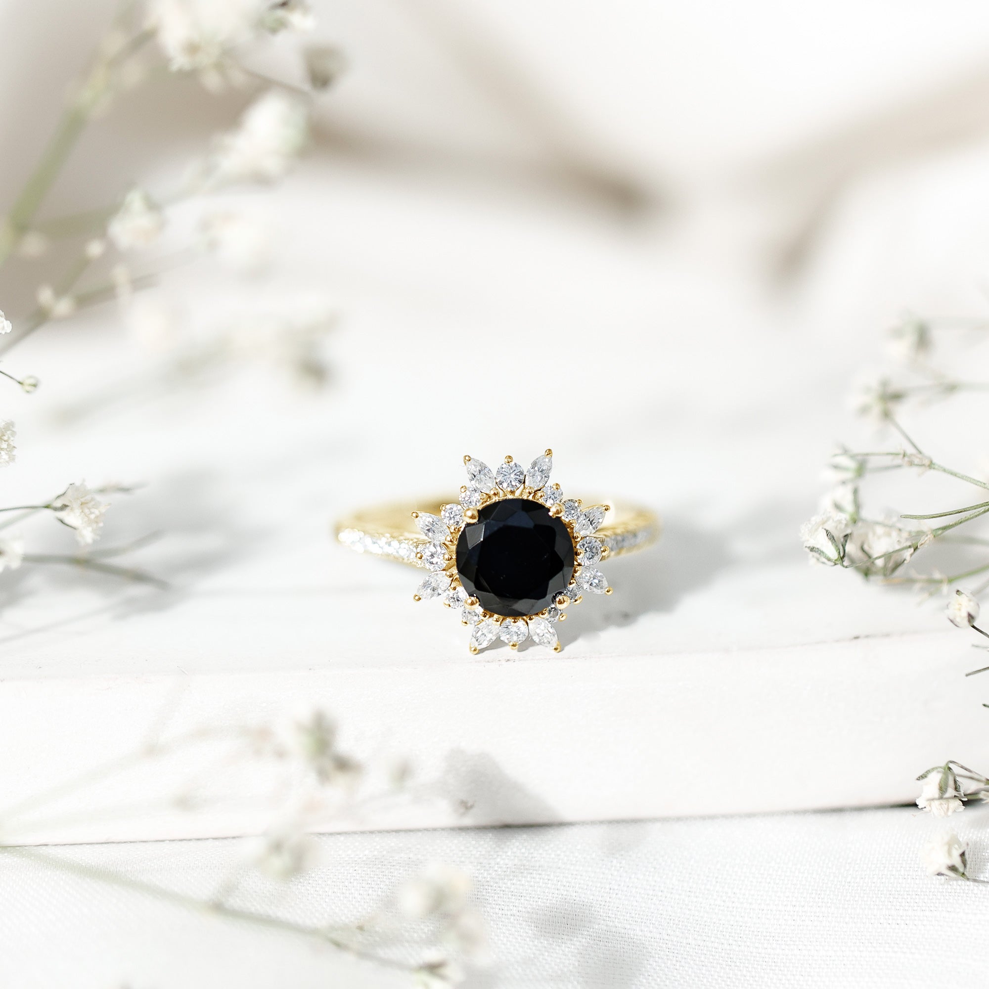 Real Black Spinel Engagement Ring with Moissanite Halo AAA - Rosec Jewels