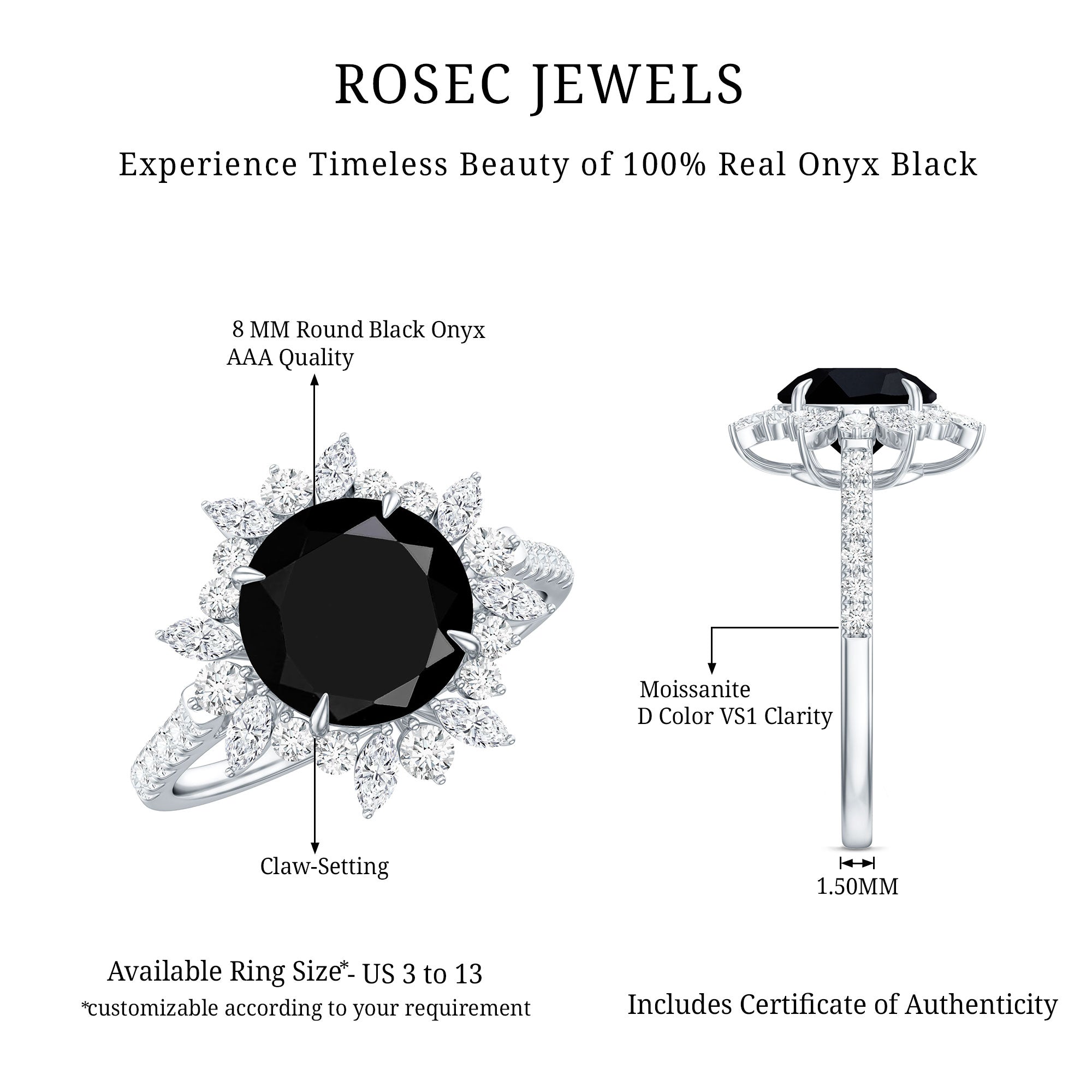 Certified Black Onyx and Moissanite Statement Engagement Ring AAA - Rosec Jewels