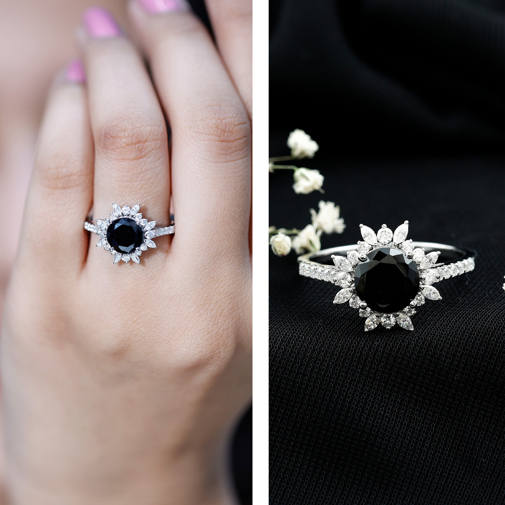 Certified Black Onyx and Moissanite Statement Engagement Ring AAA - Rosec Jewels