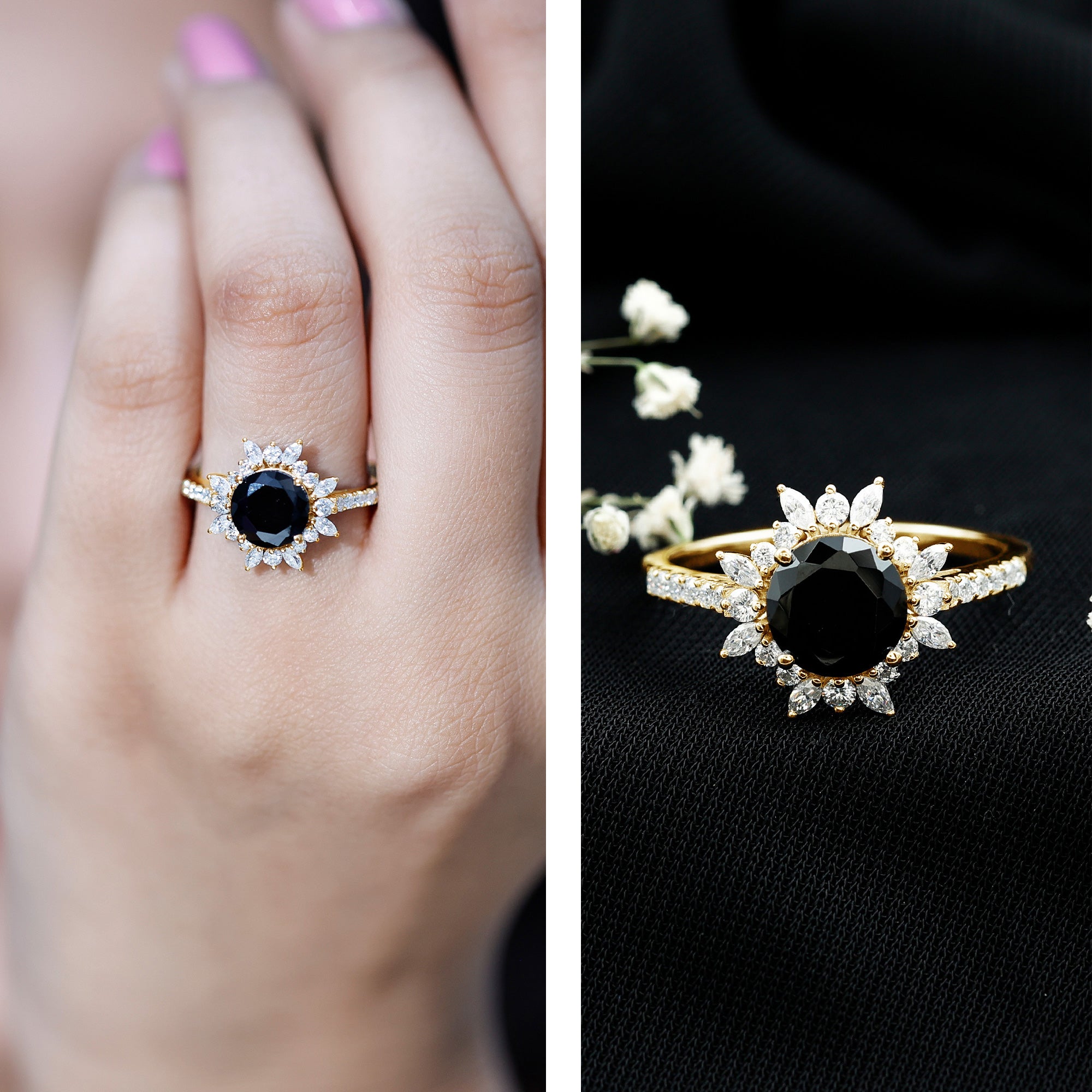 Certified Black Onyx and Moissanite Statement Engagement Ring AAA - Rosec Jewels