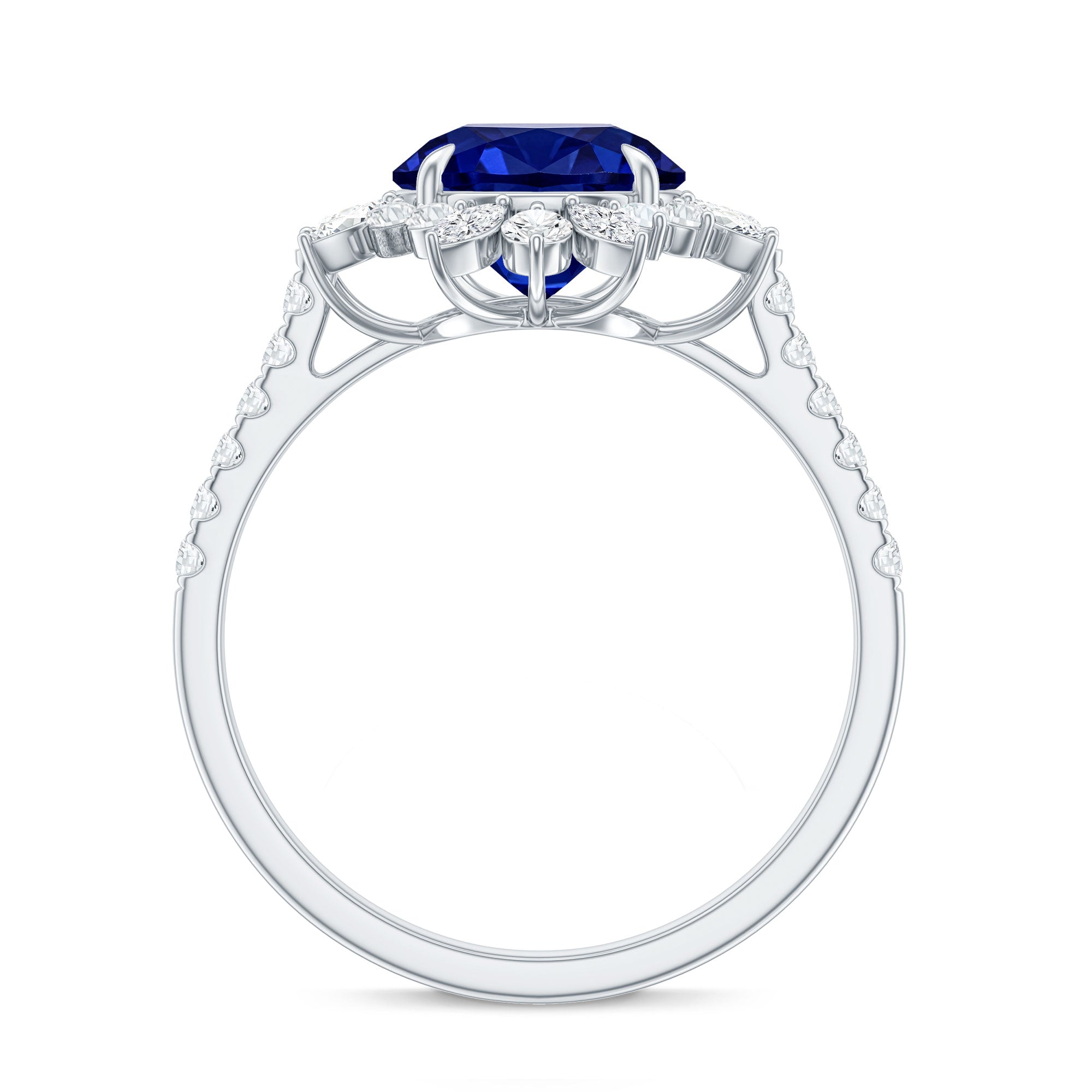 Certified 2.7 Carat Lab Grown Blue Sapphire Engagement Ring with Diamond Halo AAAA - Rosec Jewels