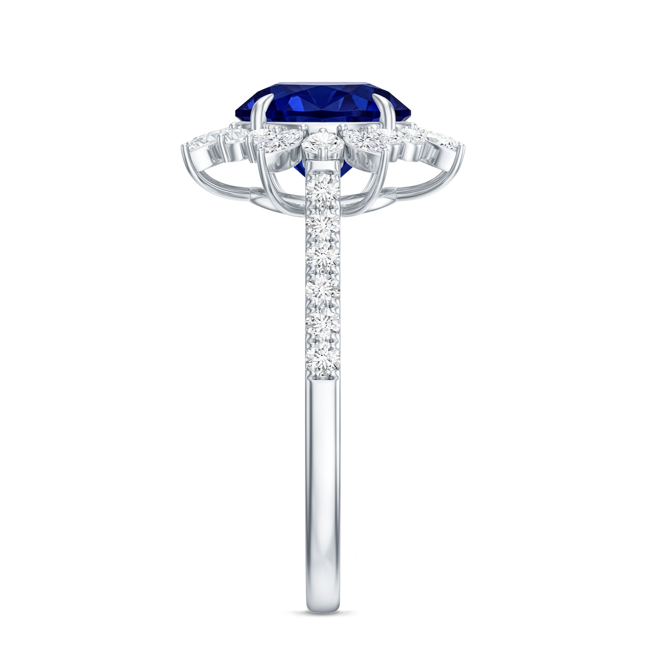 Certified 2.7 Carat Lab Grown Blue Sapphire Engagement Ring with Diamond Halo AAAA - Rosec Jewels
