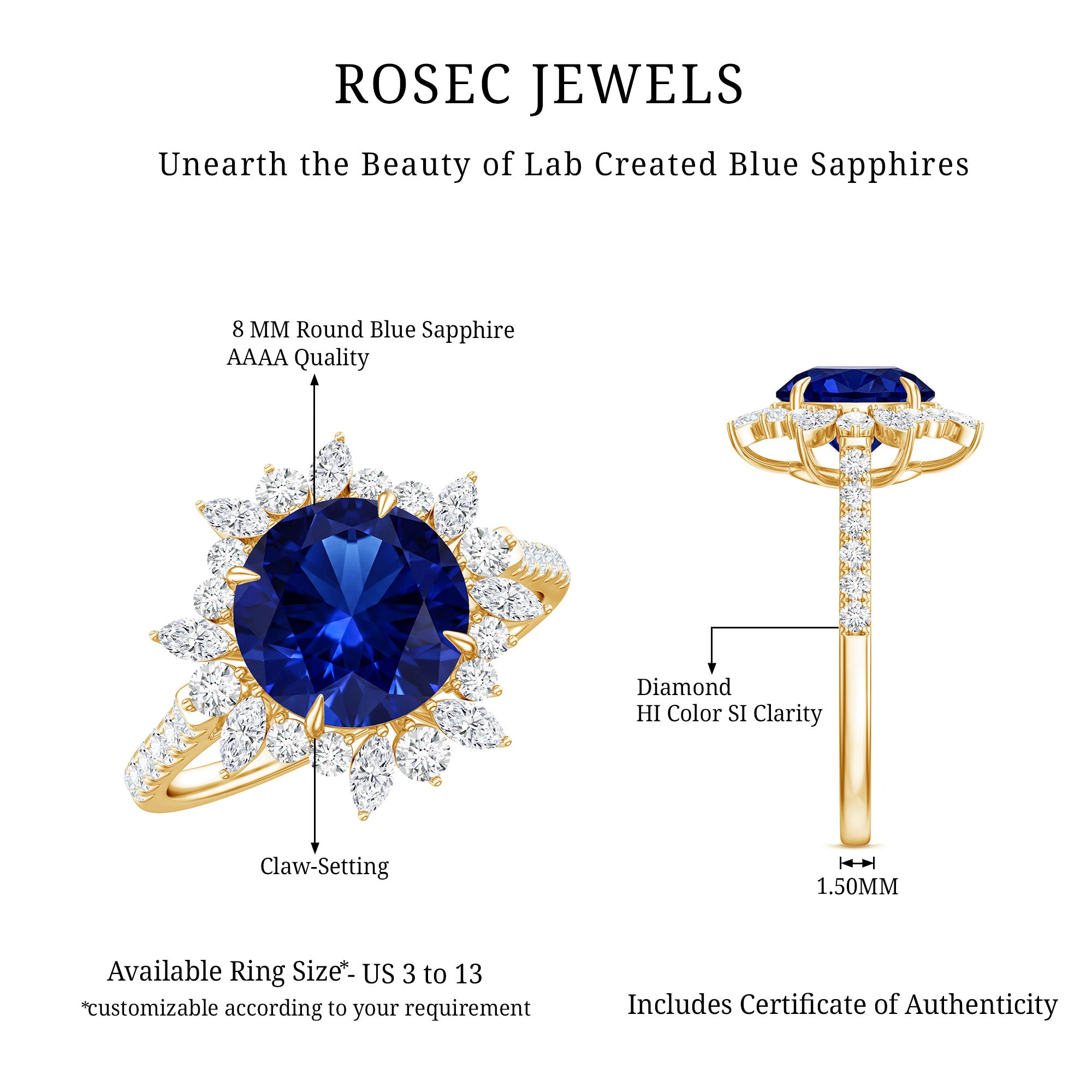 Certified 2.7 Carat Lab Grown Blue Sapphire Engagement Ring with Diamond Halo AAAA - Rosec Jewels
