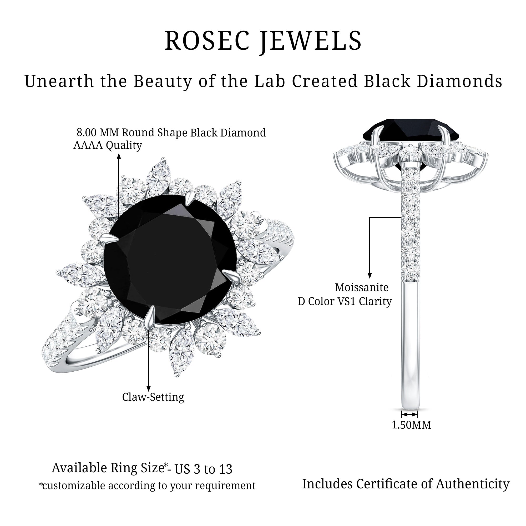 Certified 2 Carat Lab Grown Black Diamond Halo Engagement Ring For Women AAAA ( Synthetic ) - Rosec Jewels