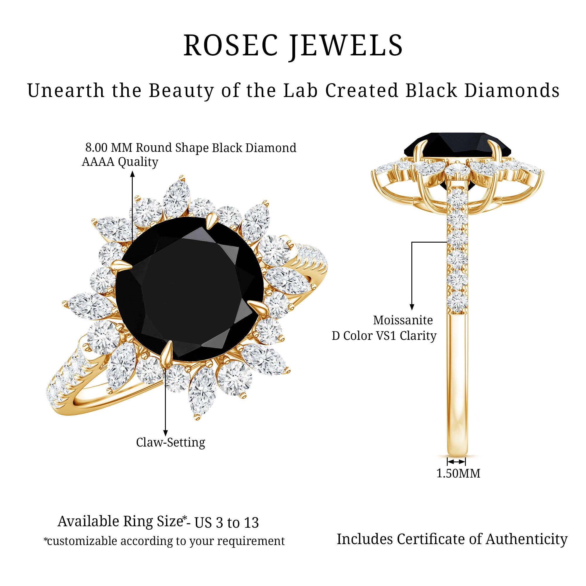 Certified 2 Carat Lab Grown Black Diamond Halo Engagement Ring For Women AAAA ( Synthetic ) - Rosec Jewels