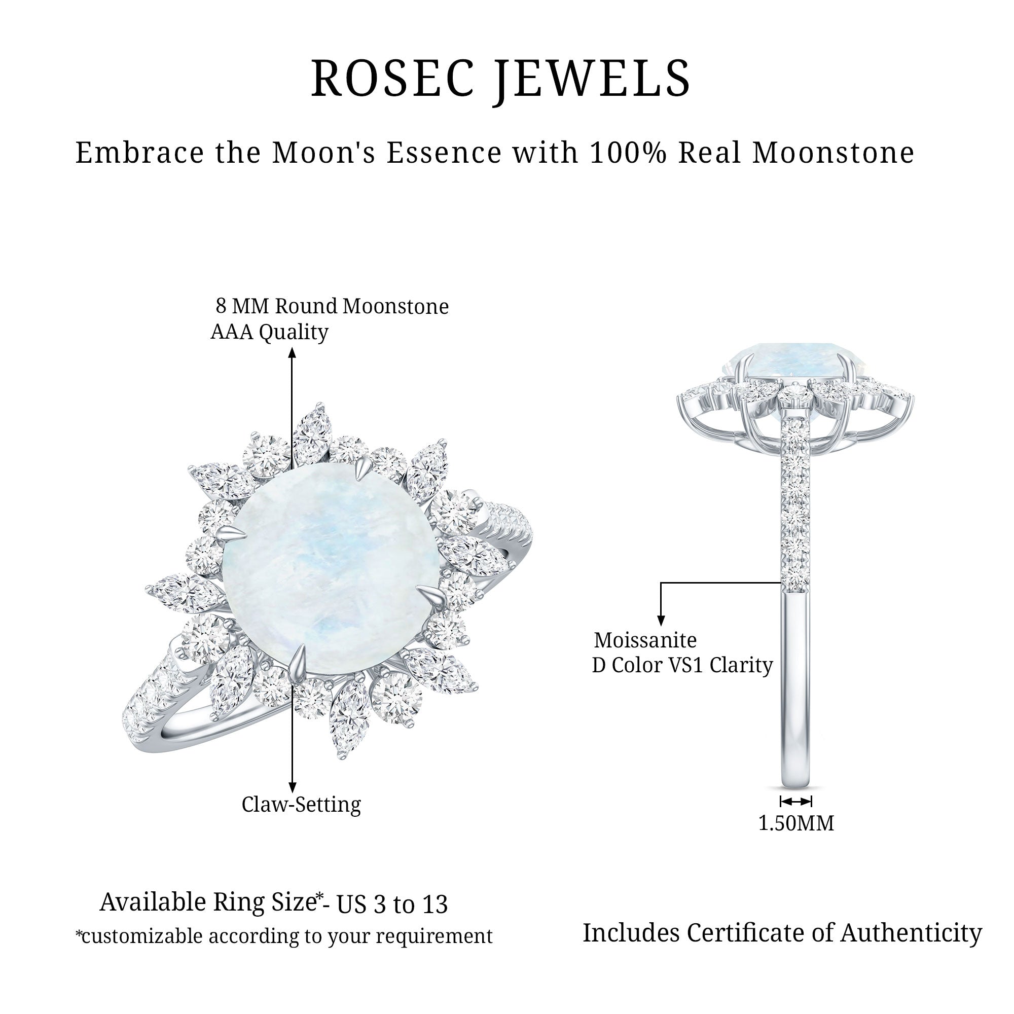 Round Moonstone Statement Ring with Moissanite Floral Halo AAA - Rosec Jewels