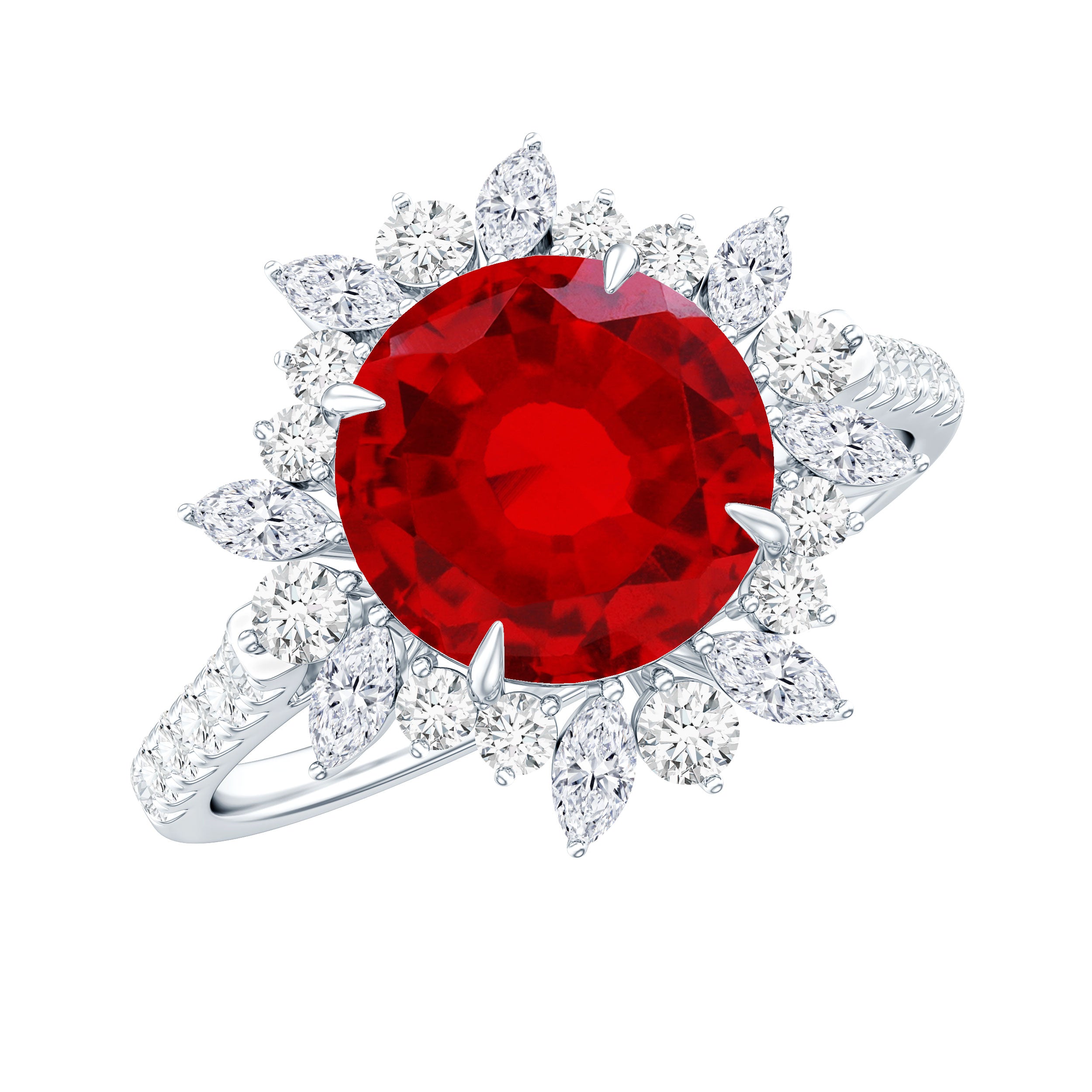 Lab Created Ruby and Diamond Halo Engagement Ring