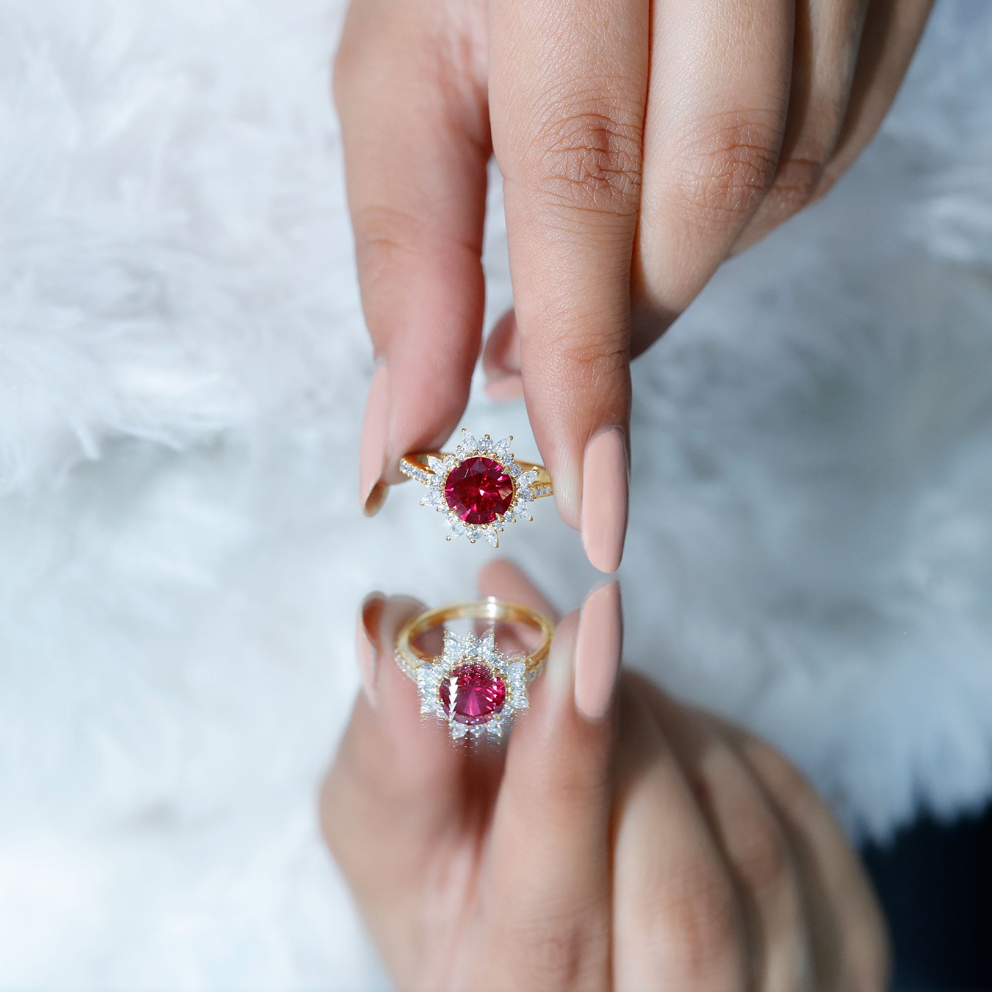 Lab Created Ruby and Diamond Halo Engagement Ring AAAA - Rosec Jewels