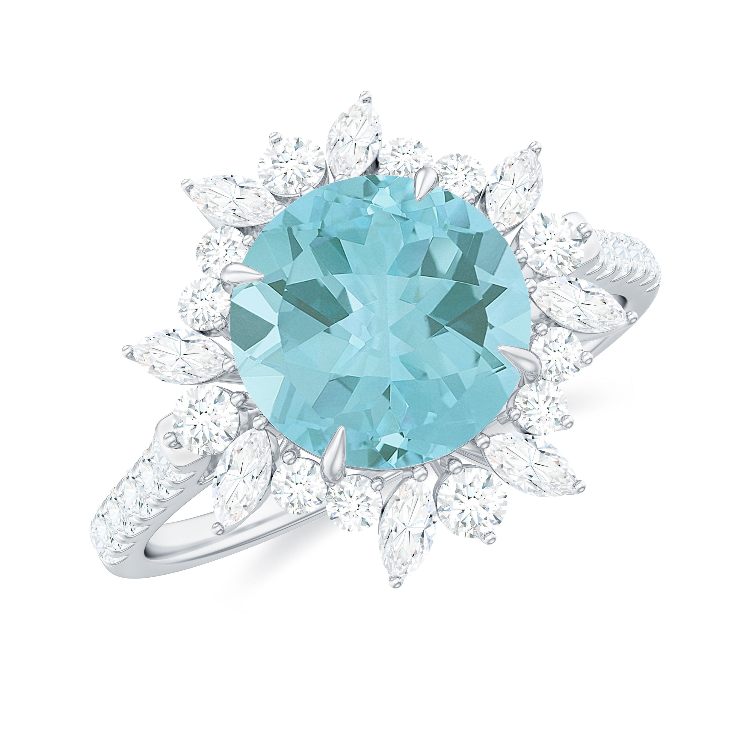 Round Sky Blue Topaz Statement Engagement Ring with Moissanite Floral Halo