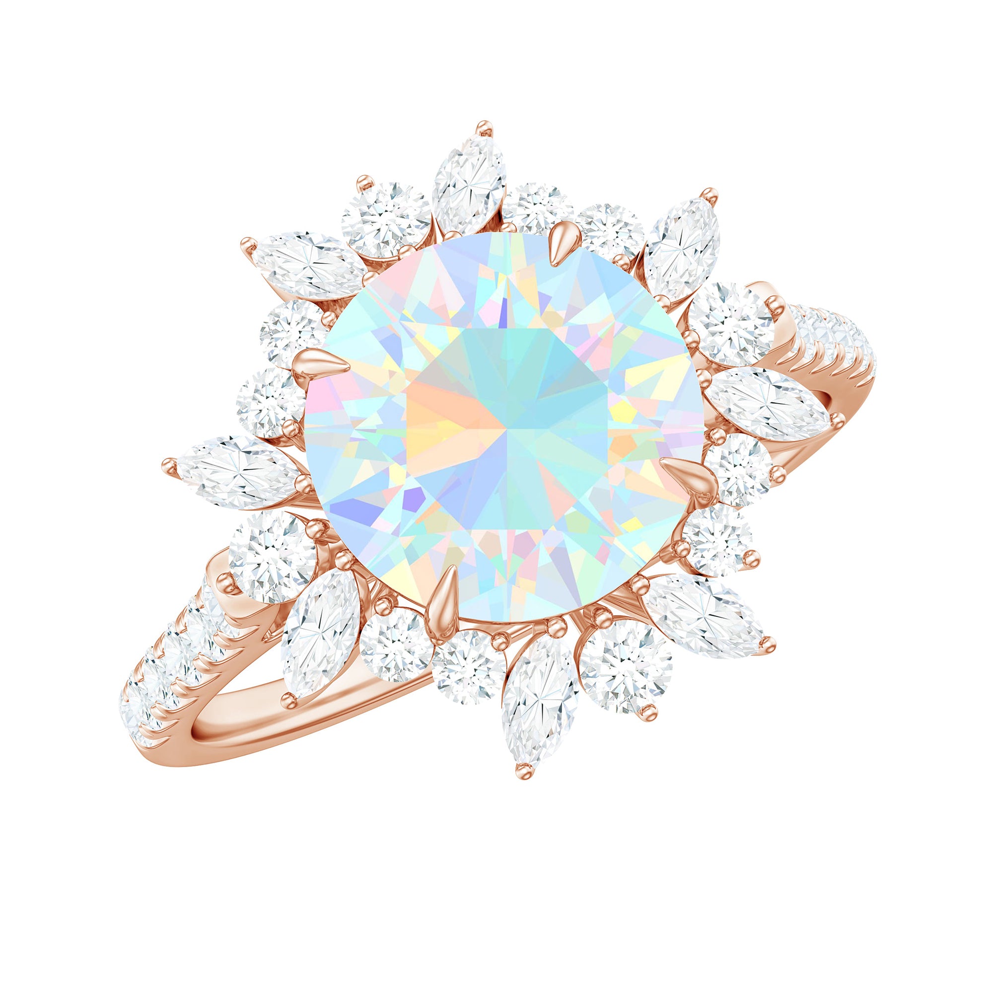 Natural 8mm Ethiopian Opal Halo Engagement Ring with Side Stones AAA - Rosec Jewels