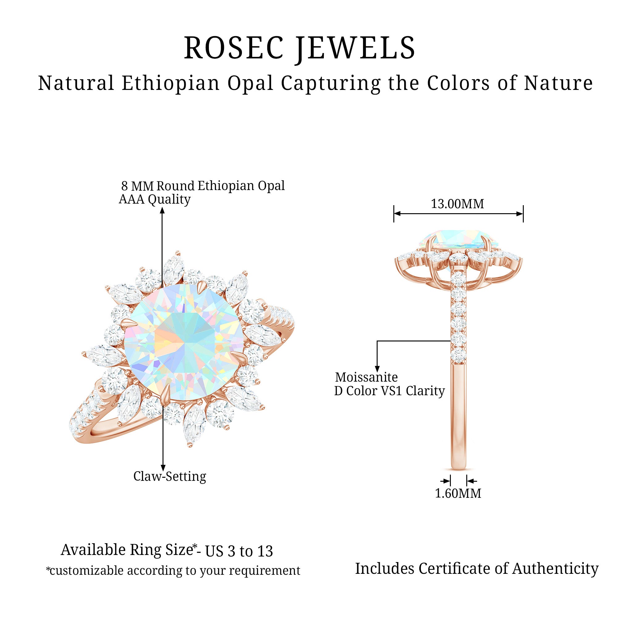 Natural 8mm Ethiopian Opal Halo Engagement Ring with Side Stones AAA - Rosec Jewels