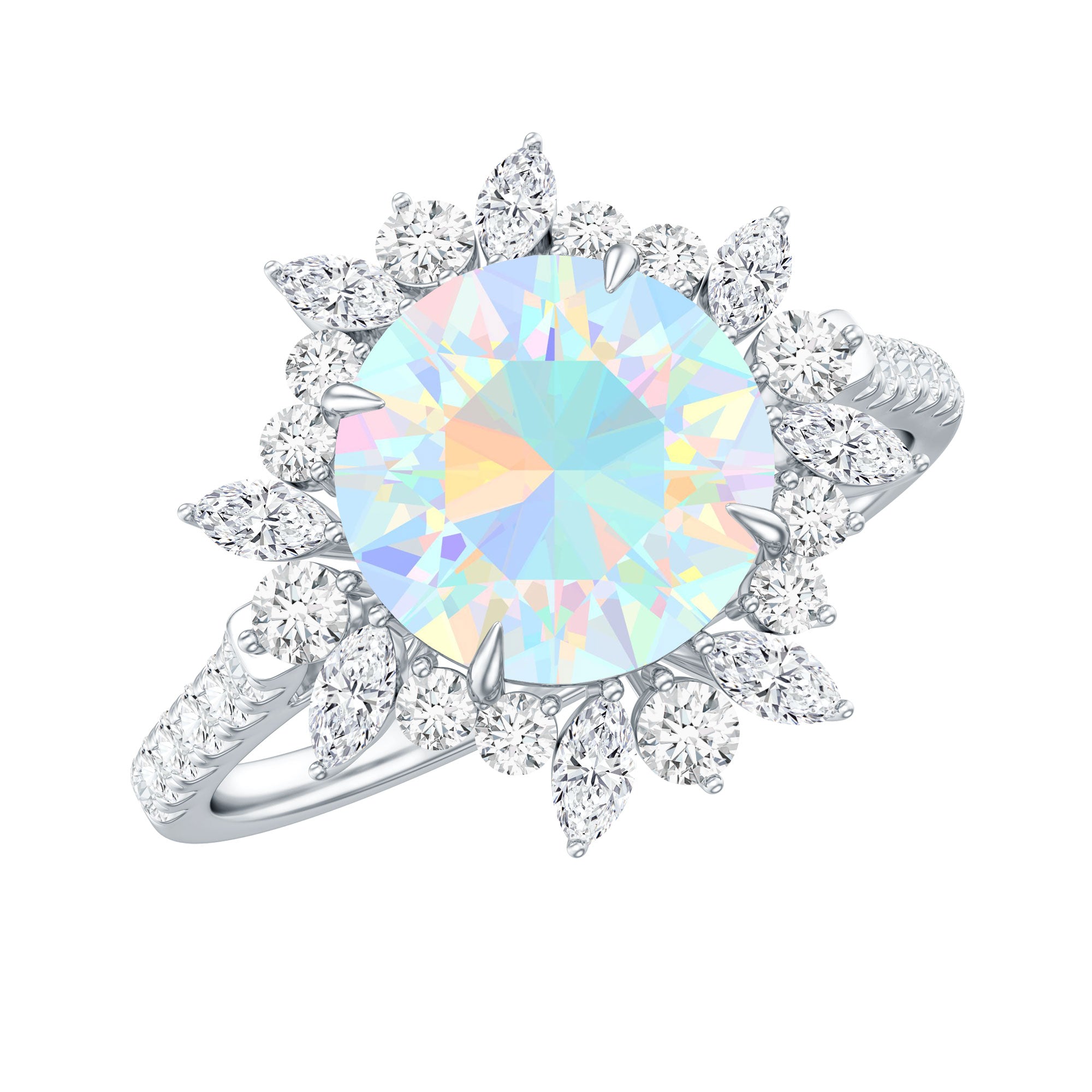 Natural 8mm Ethiopian Opal Halo Engagement Ring with Side Stones AAA - Rosec Jewels