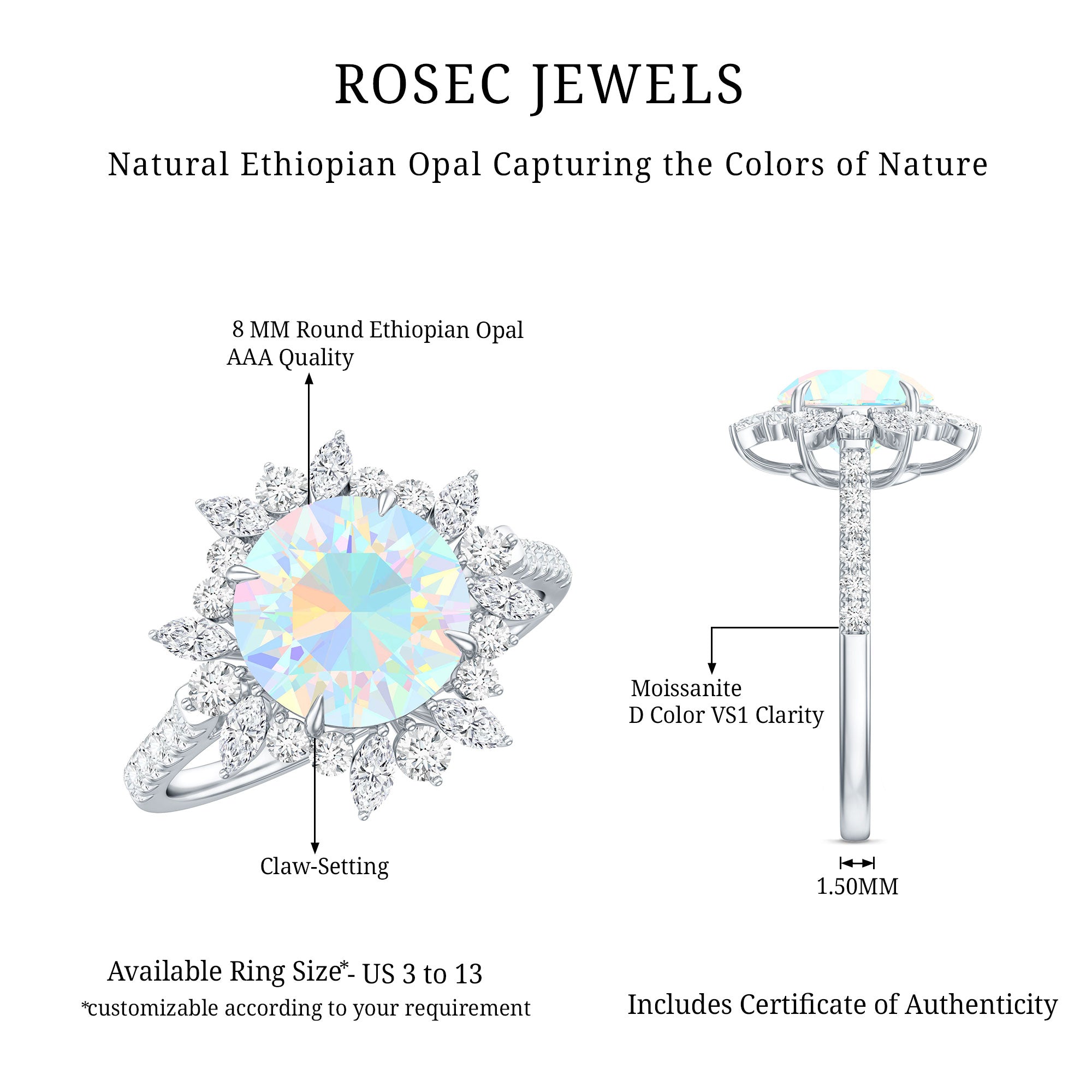 Natural 8mm Ethiopian Opal Halo Engagement Ring with Side Stones AAA - Rosec Jewels