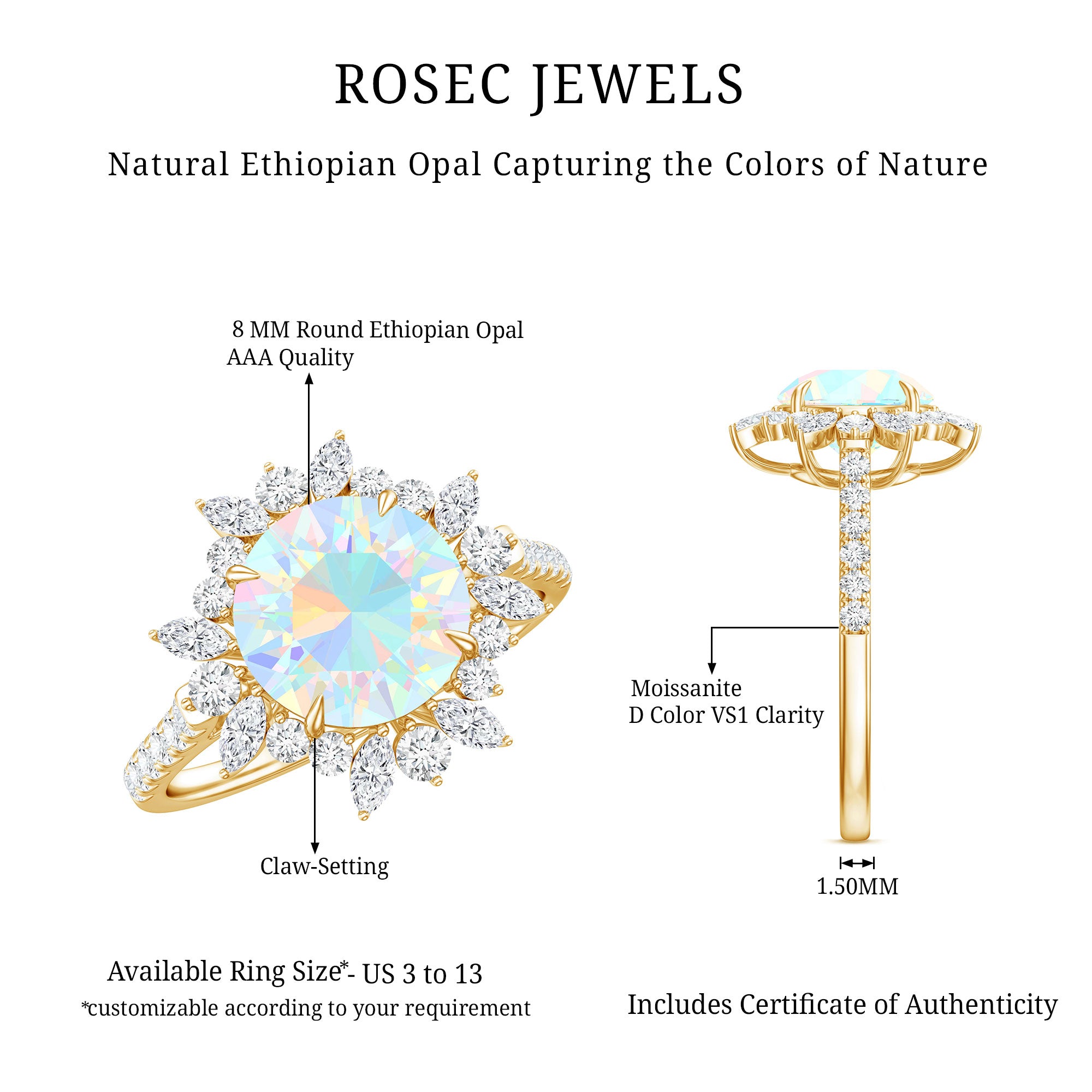 Natural 8mm Ethiopian Opal Halo Engagement Ring with Side Stones AAA - Rosec Jewels