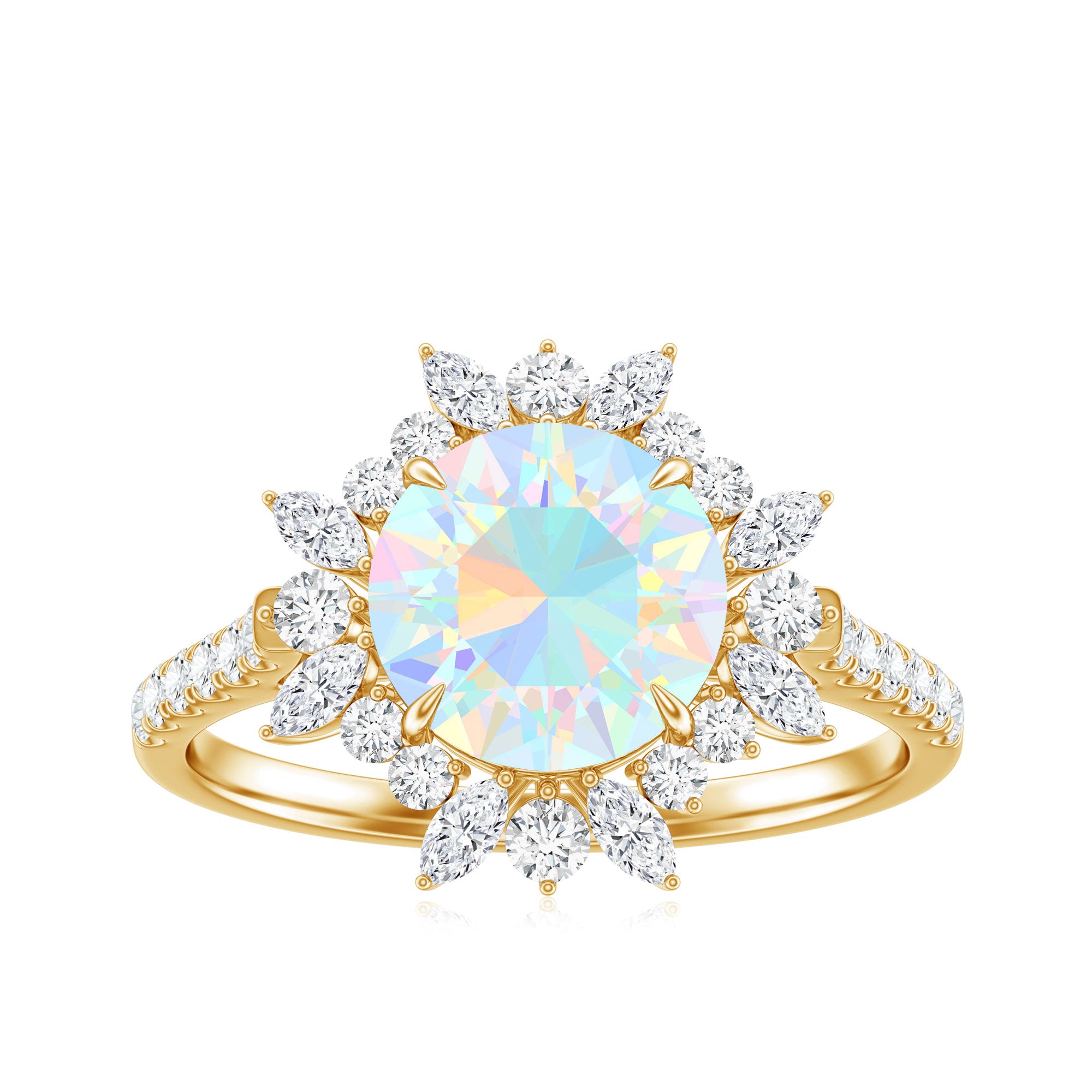 Natural 8mm Ethiopian Opal Halo Engagement Ring with Side Stones AAA - Rosec Jewels