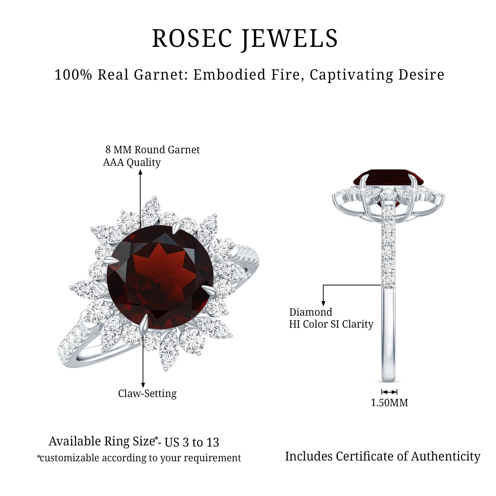 Real 8mm Garnet Statement Engagement Ring with Diamond Halo AAA - Rosec Jewels