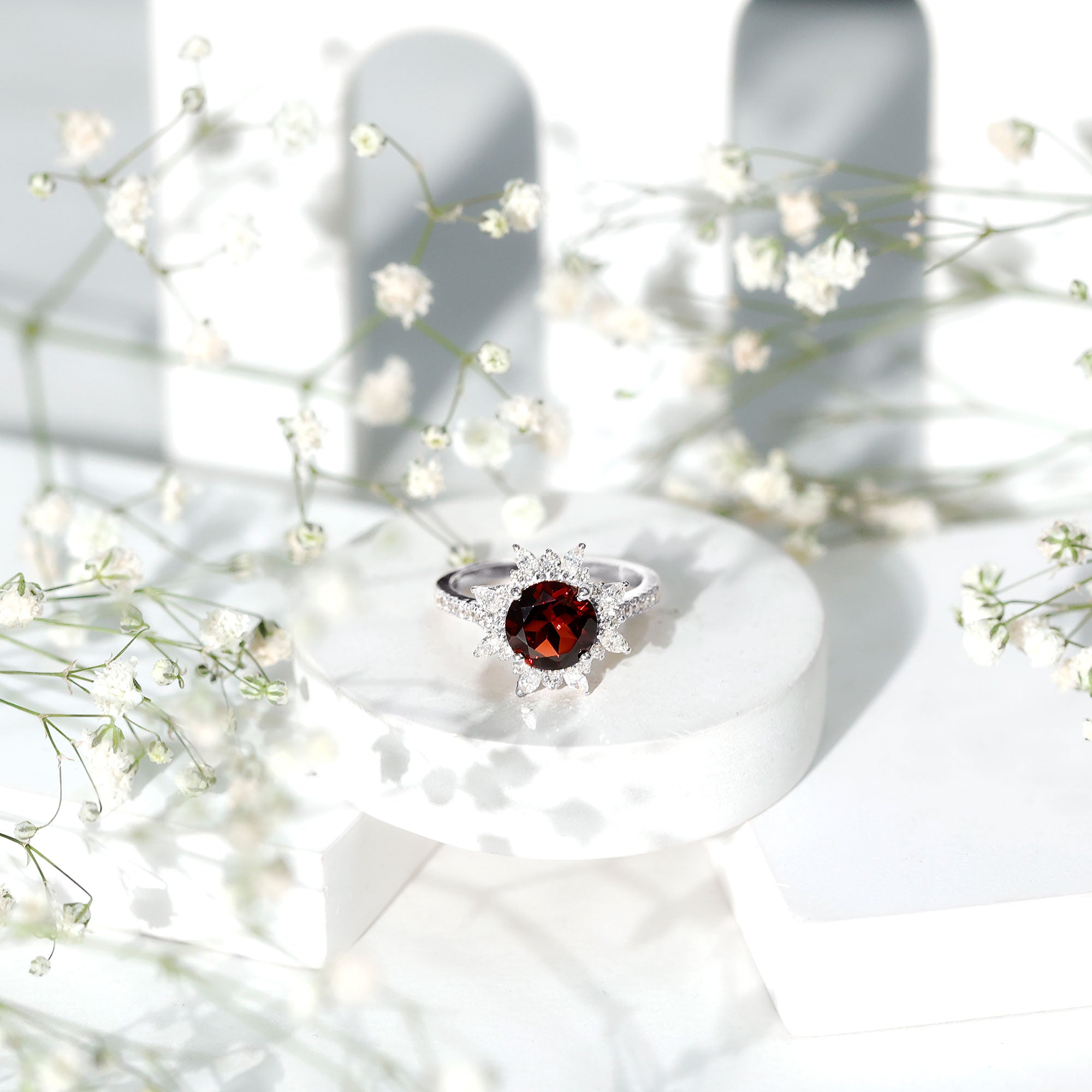 Real 8mm Garnet Statement Engagement Ring with Diamond Halo AAA - Rosec Jewels