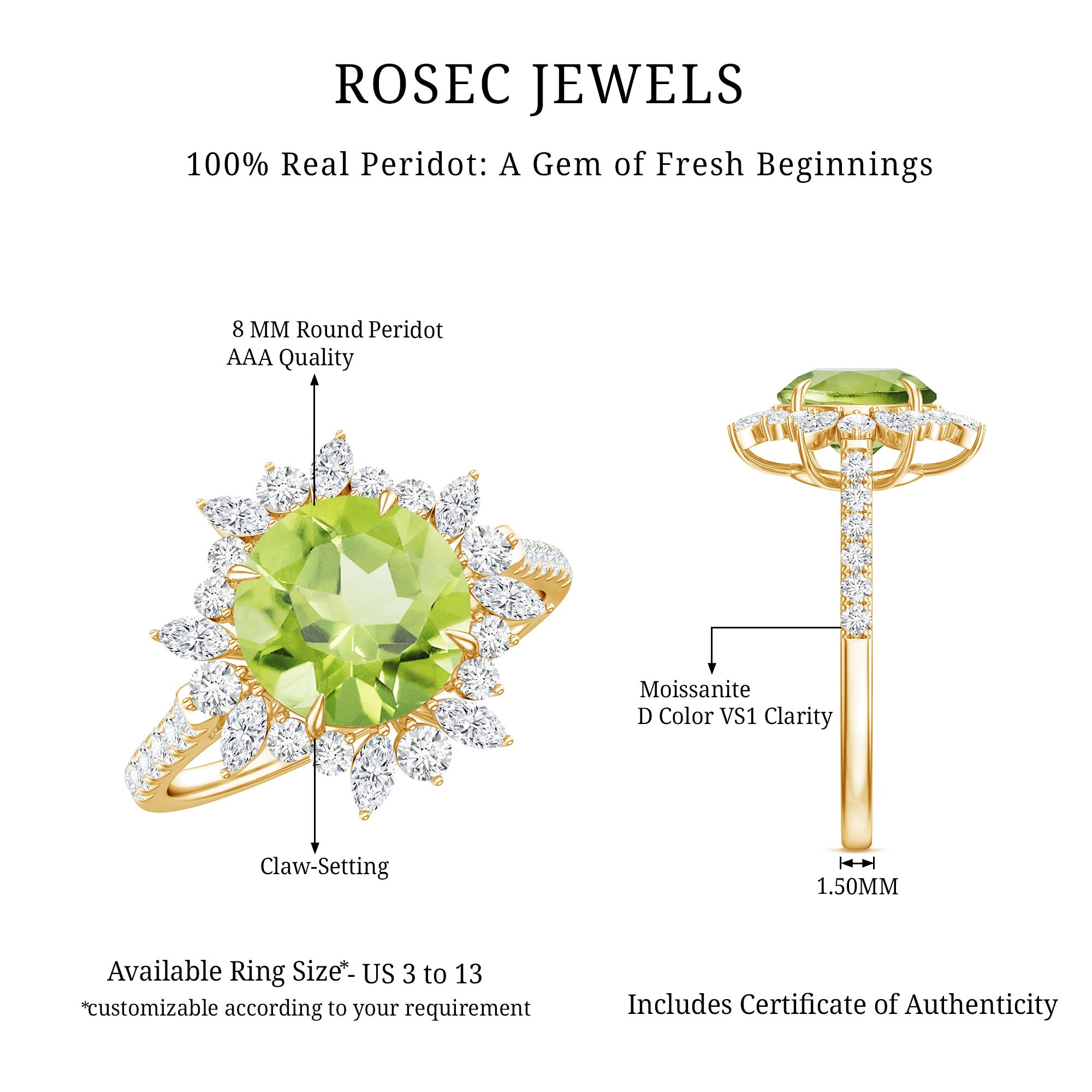 Natural 2 Carat Peridot Statement Engagement Ring with Halo AAA - Rosec Jewels