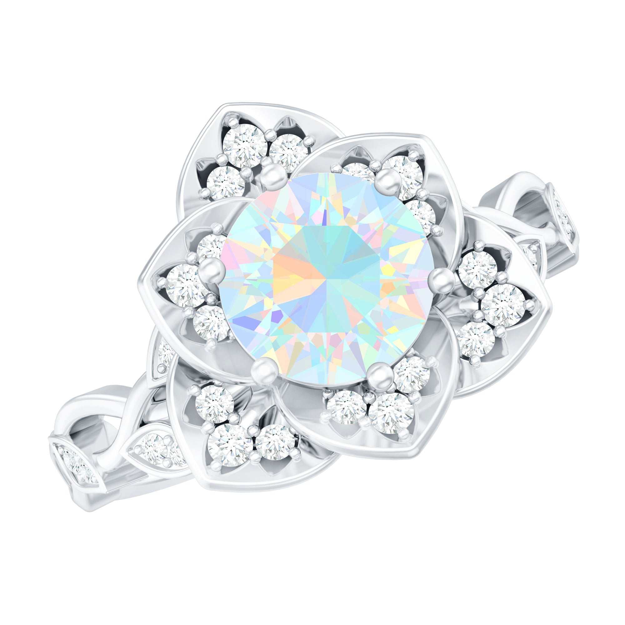 Natural 8mm Ethiopian Opal Flower Engagement Ring with Diamond