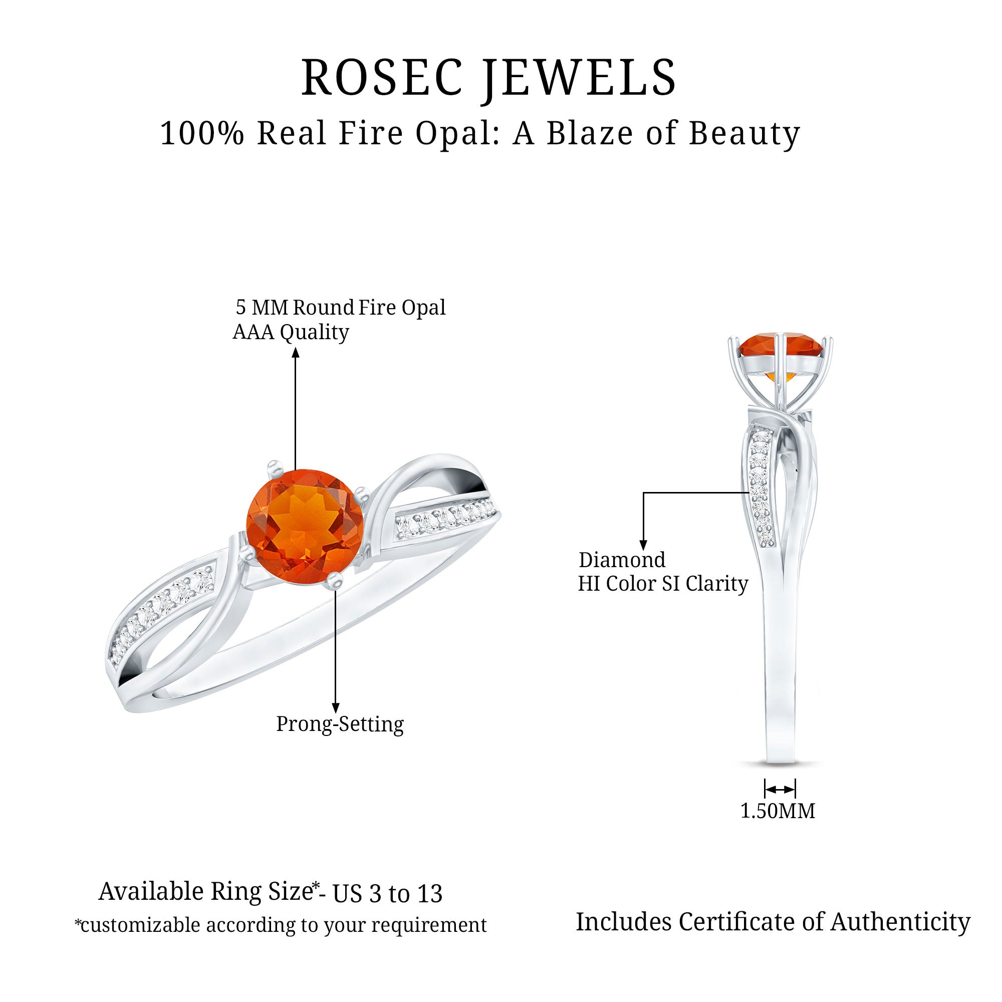 Orange Fire Opal Infinity Engagement Ring with Diamonds AAA - Rosec Jewels