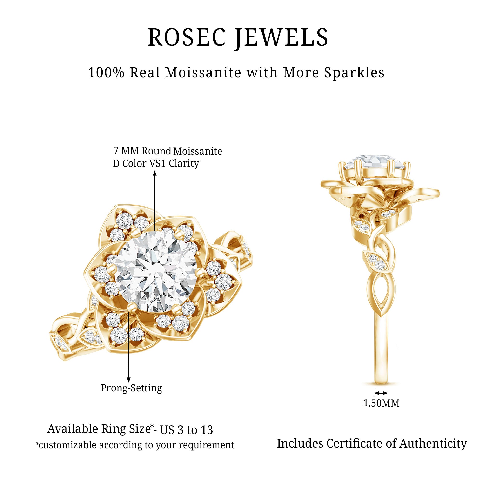 Nature Inspired Moissanite Flower Engagement Ring with Certificate D-VS1 - Rosec Jewels