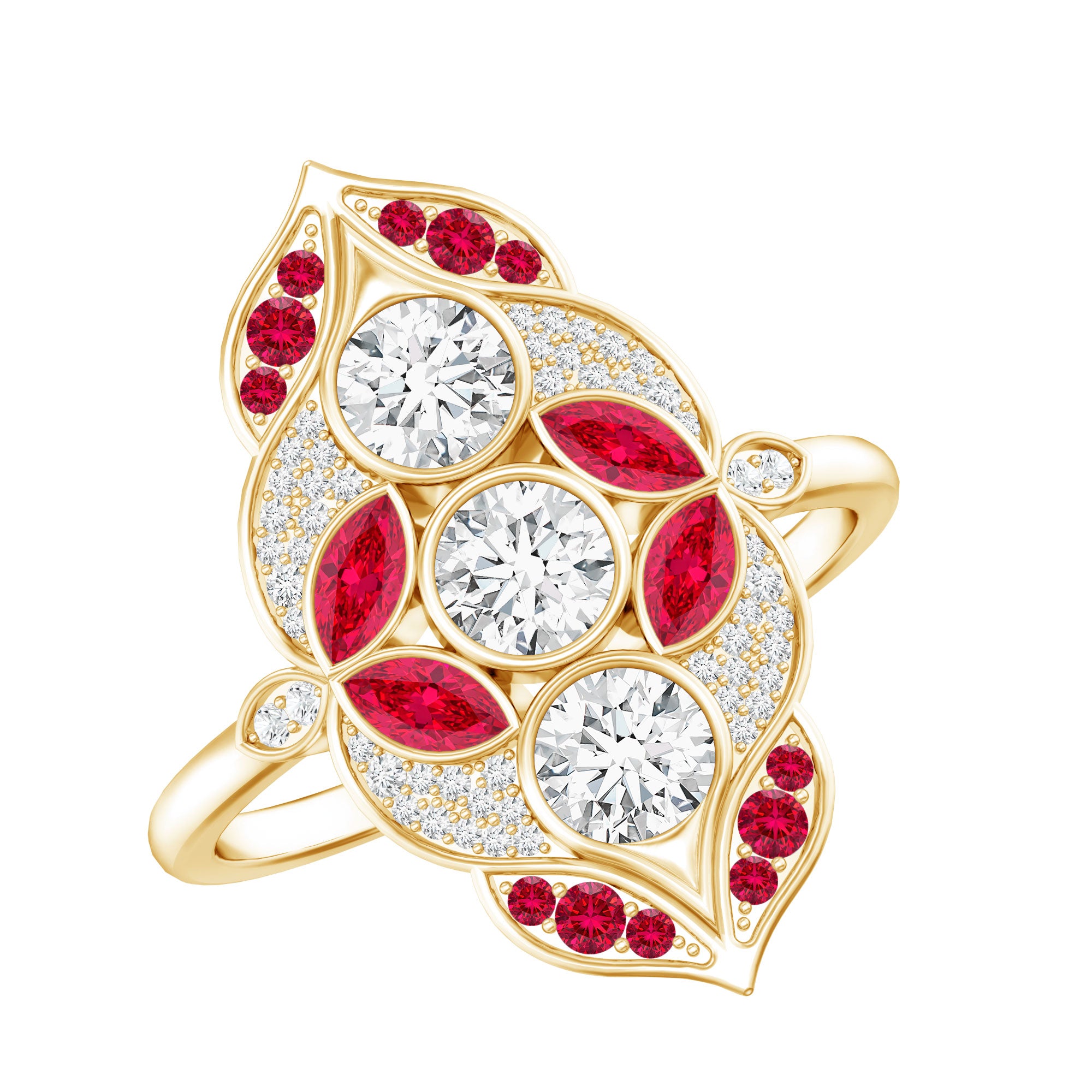 Certified Lab Grown Ruby Art Deco Statement Ring with Moissanite AAAA - Rosec Jewels